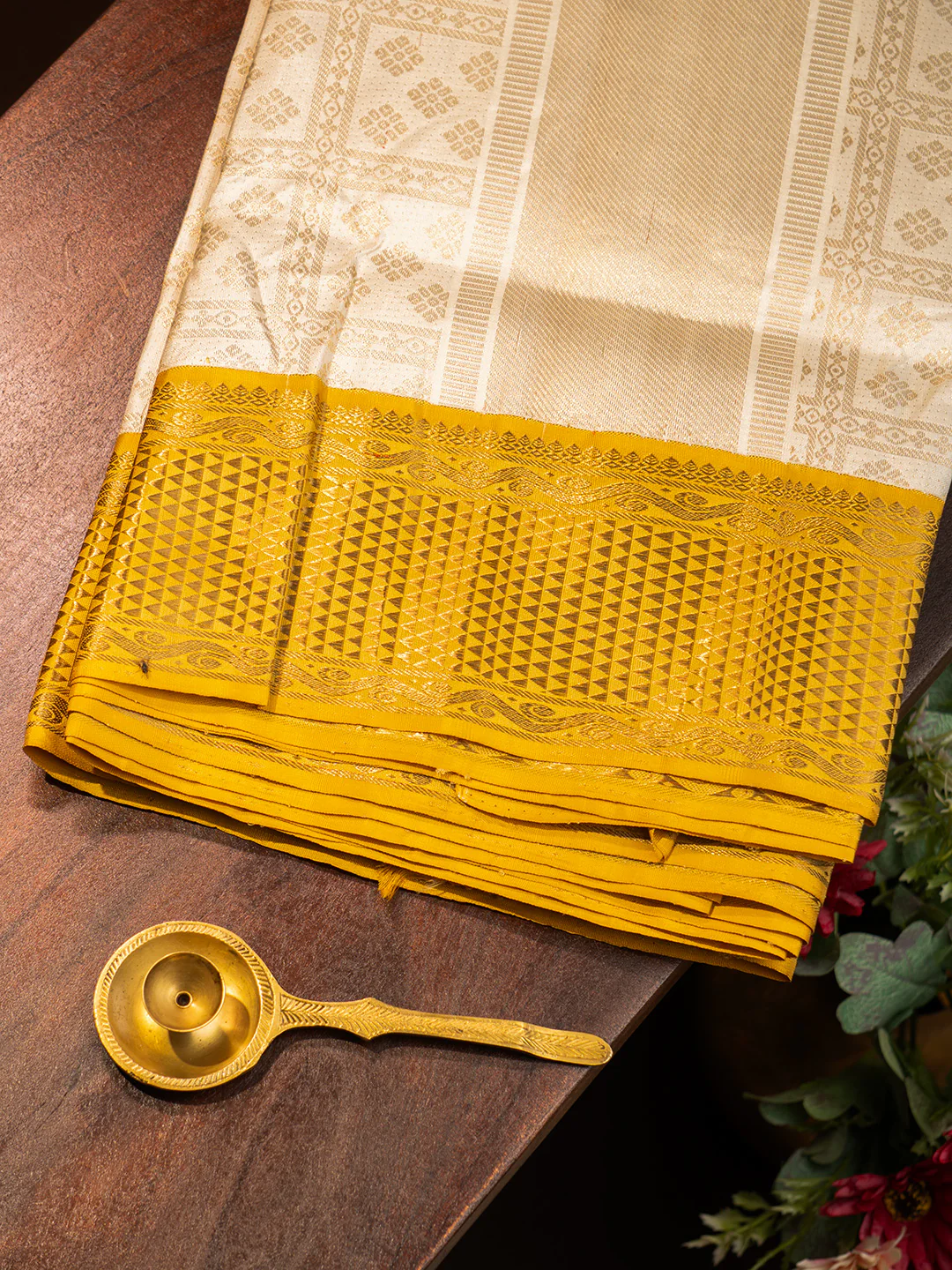 Men Premium Pure Silk OffWhite Dhoti & Towel Set with 2-gram Gold Coating Jari Border Amirtham 01 - Image 3