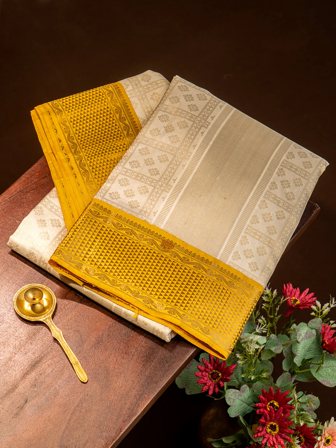 Men Premium Pure Silk OffWhite Dhoti & Towel Set with 2-gram Gold Coating Jari Border Amirtham 01 - Image 4