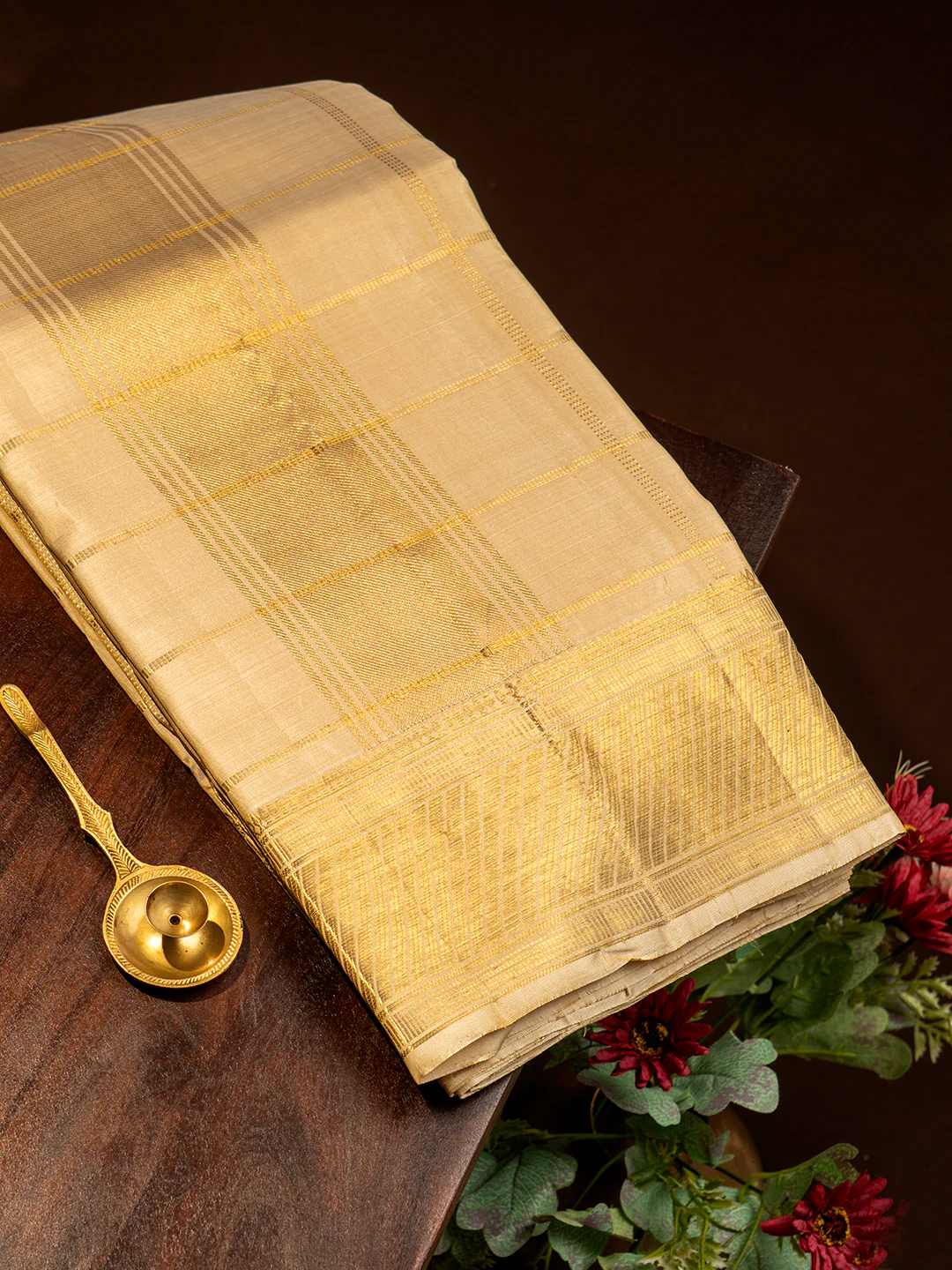 Men Premium Pure Silk Fawn Dhoti & Towel Set with 4" inch Gold Jari Border Amirtham - Image 2