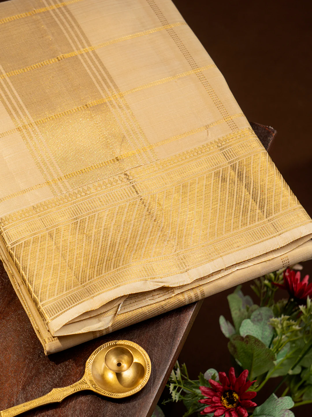 Men Premium Pure Silk Fawn Dhoti & Towel Set with 4" inch Gold Jari Border Amirtham - Image 3