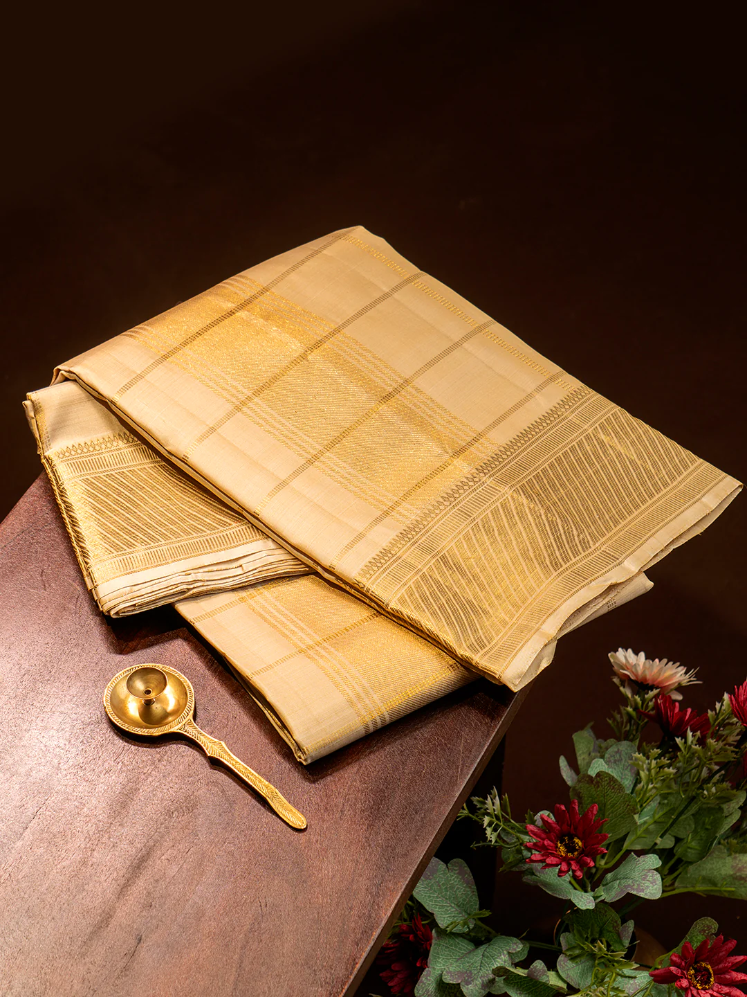 Men Premium Pure Silk Fawn Dhoti & Towel Set with 4" inch Gold Jari Border Amirtham - Image 4