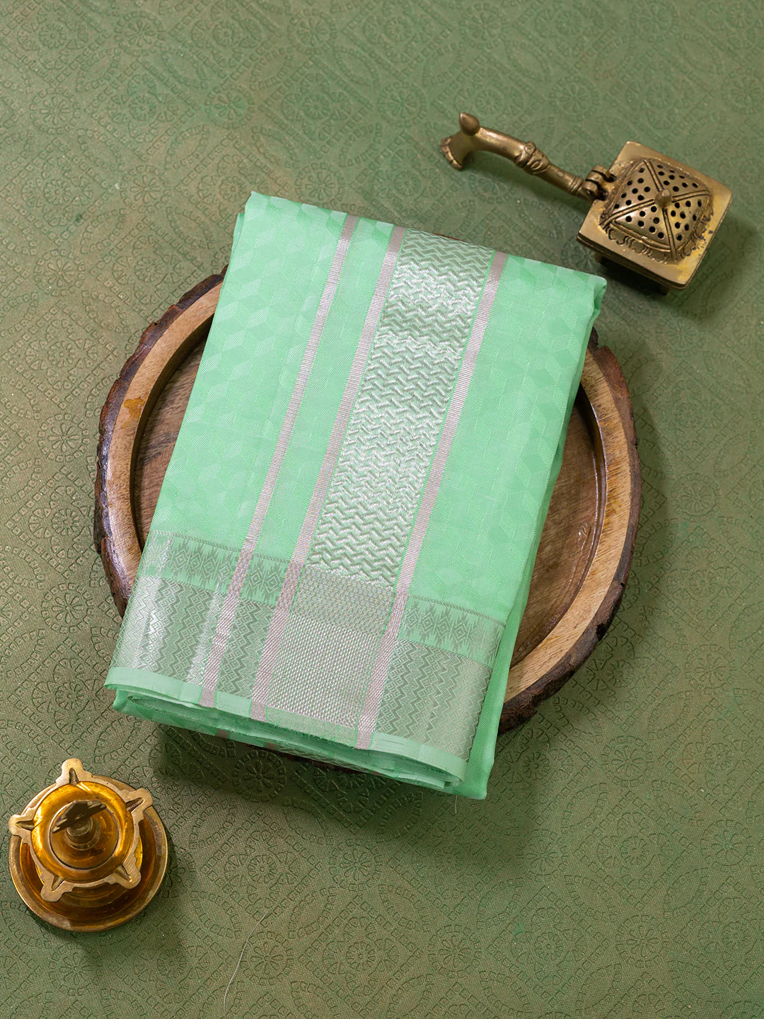 Men Pure Silk Green Dhoti Shirting & Towel Set with 3" inch Silver Jari Border RJ01 - Image 2