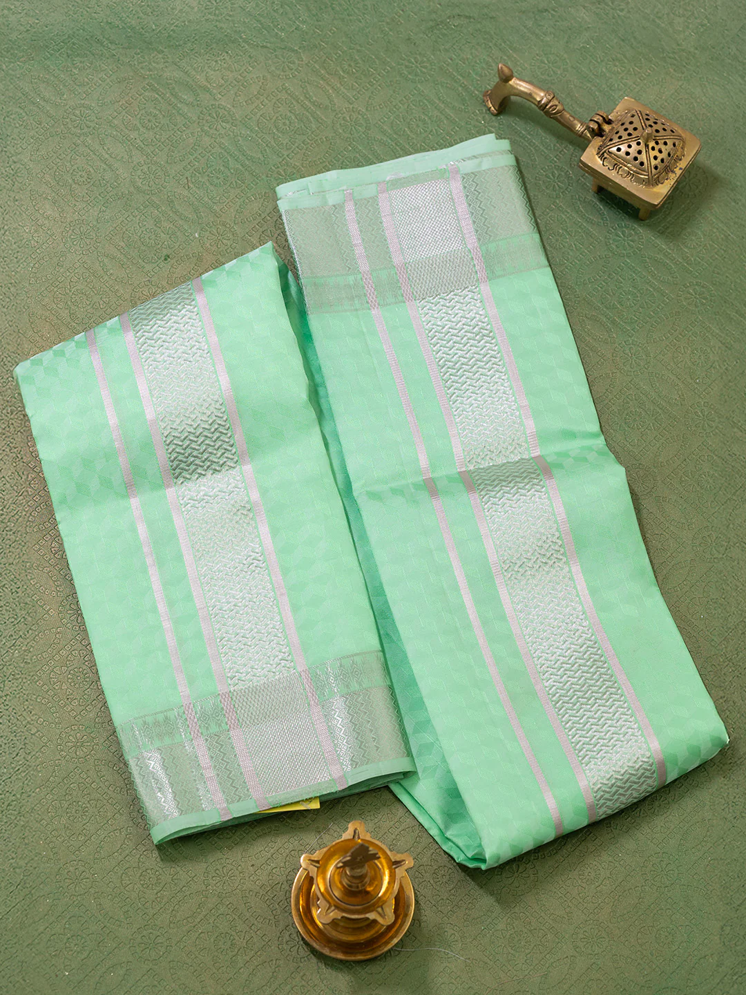 Men Pure Silk Green Dhoti Shirting & Towel Set with 3" inch Silver Jari Border RJ01 - Image 4