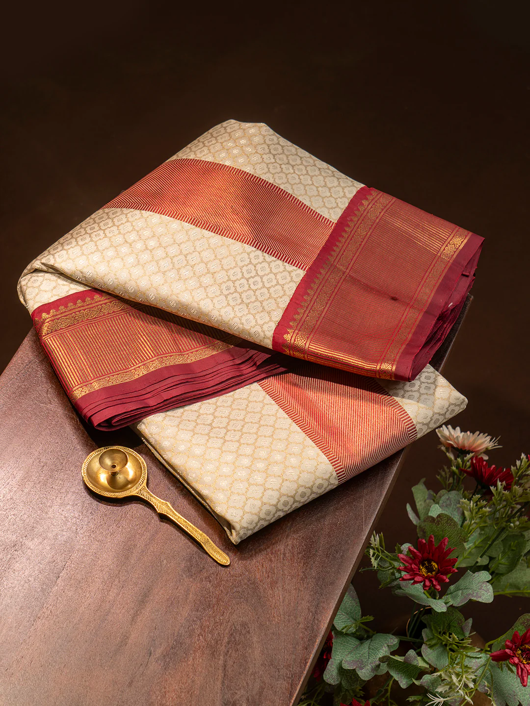Men Premium Pure Silk OffWhite Dhoti & Towel Set with 2-gram Gold Coating Jari Border Amirtham - Image 2