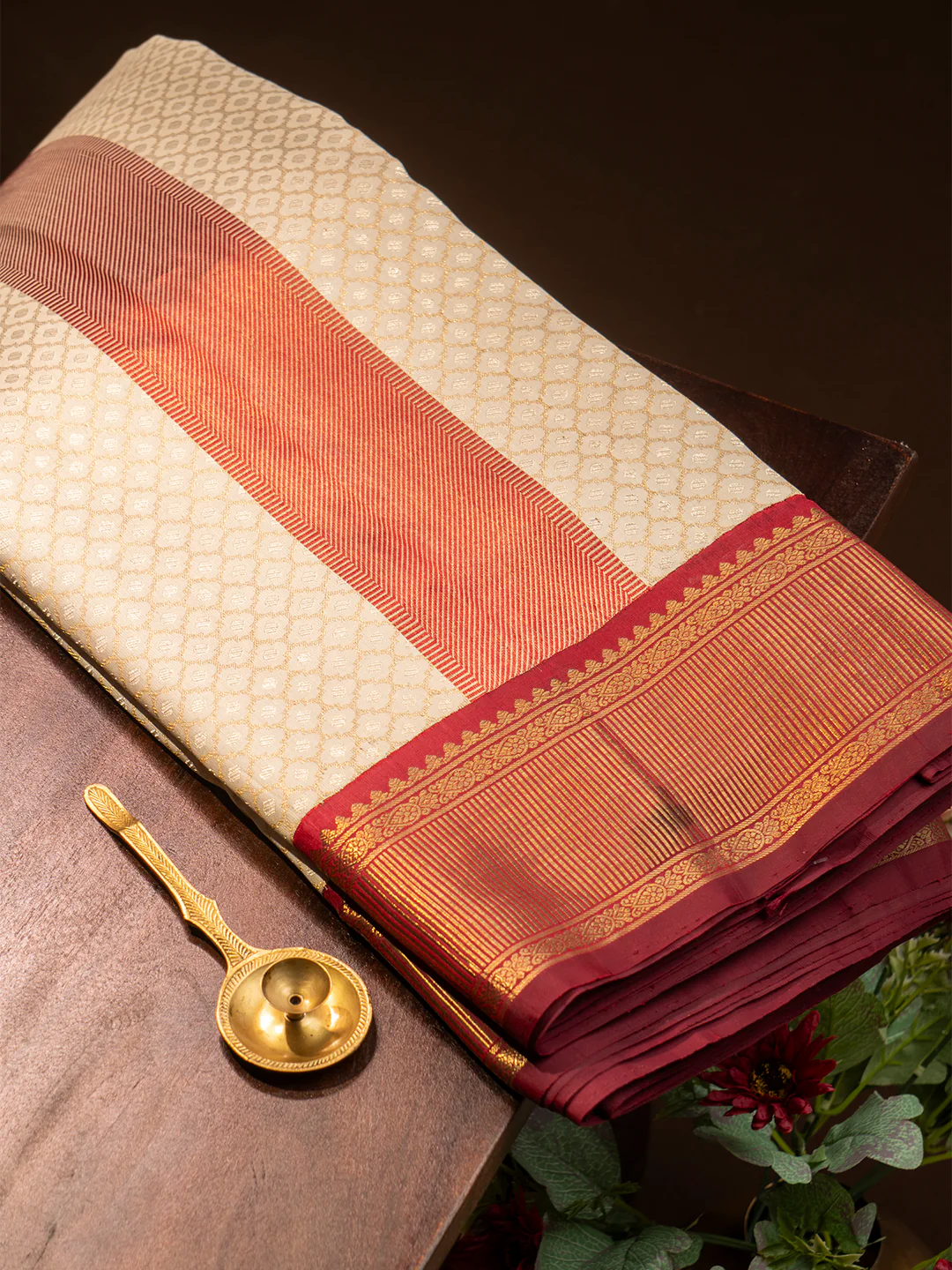 Men Premium Pure Silk OffWhite Dhoti & Towel Set with 2-gram Gold Coating Jari Border Amirtham - Image 3