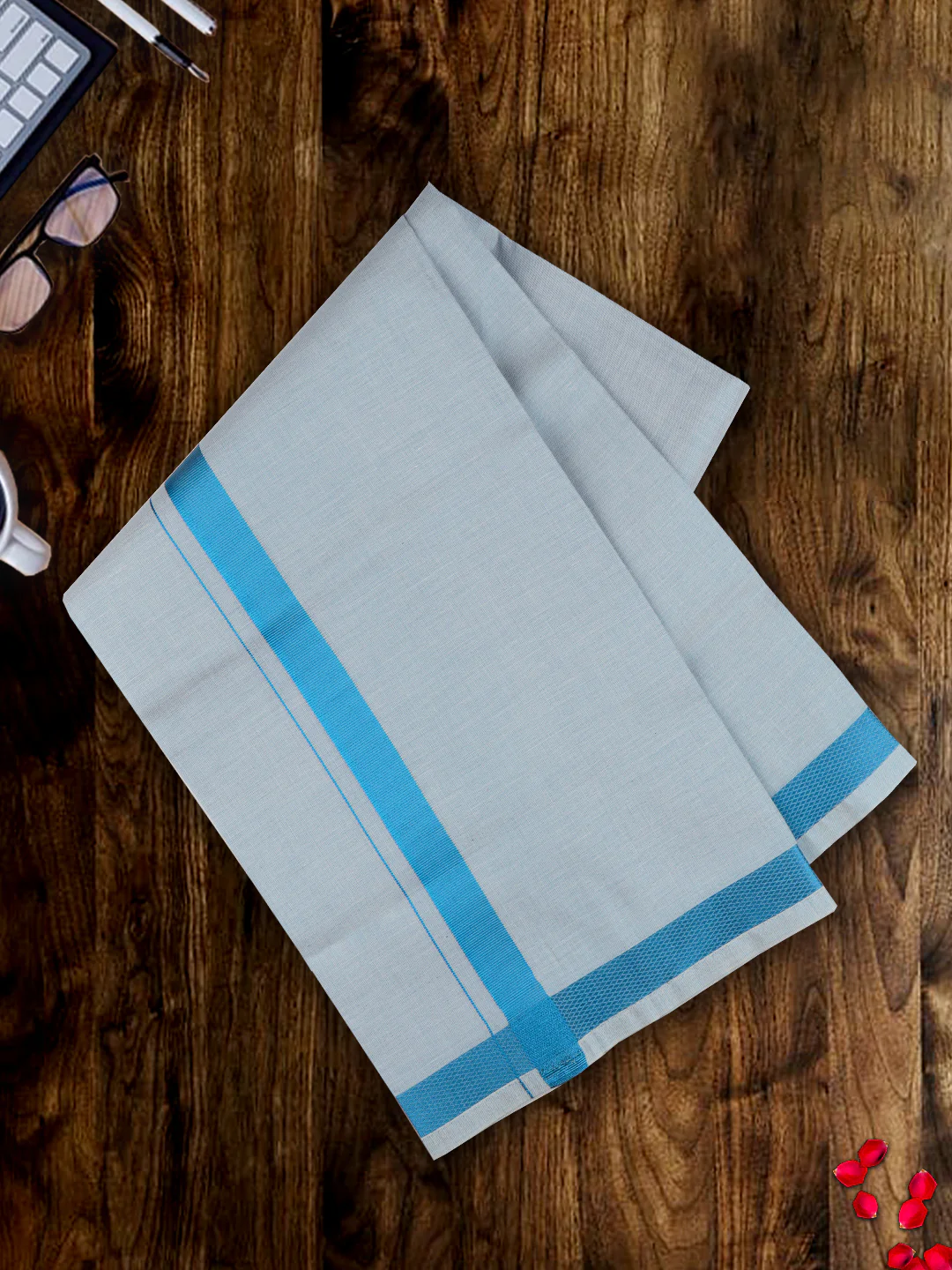 Men Premium Tissue Dhoti & Shirt Fabric Celebrity Set  Blue - Image 2