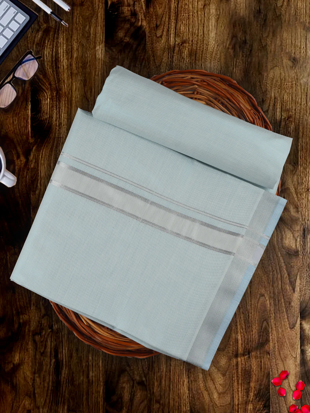 Men Tissue Cyan Dhoti & Shirt Fabric Celebrity Set - Image 2