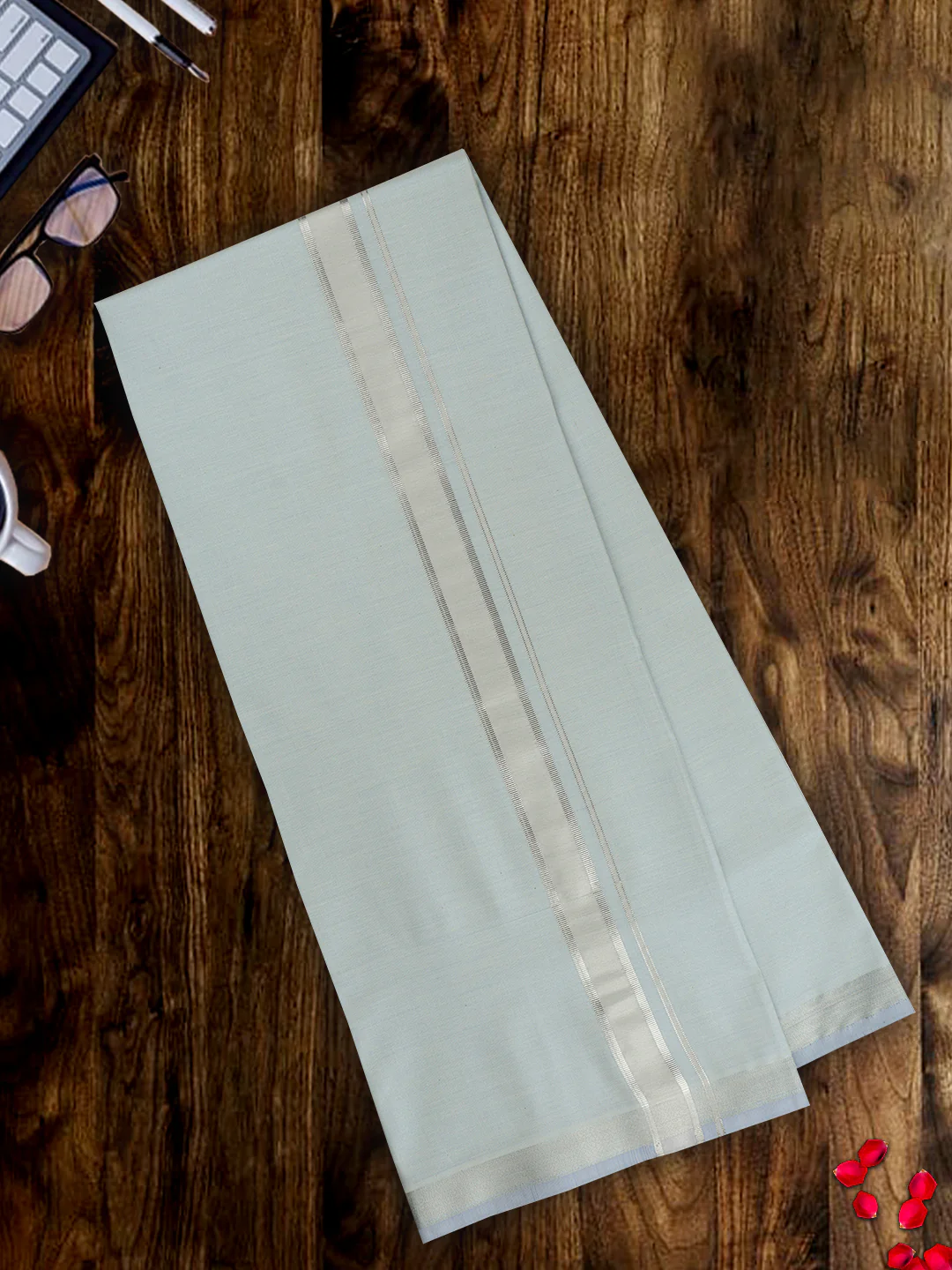 Men Tissue Cyan Dhoti & Shirt Fabric Celebrity Set - Image 3