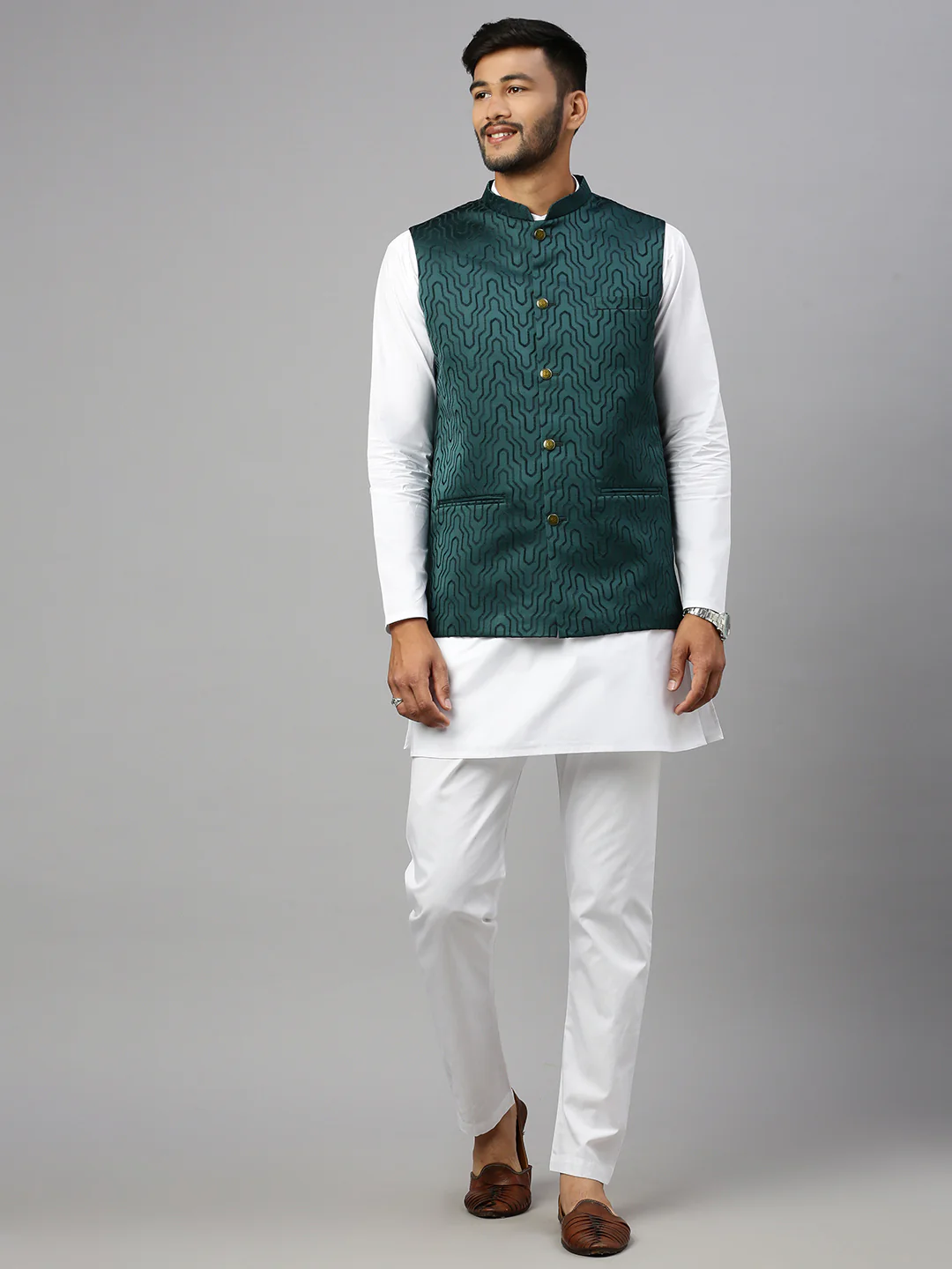 Men Printed Ethnic Jacket Dark Green JC5 - Image 2