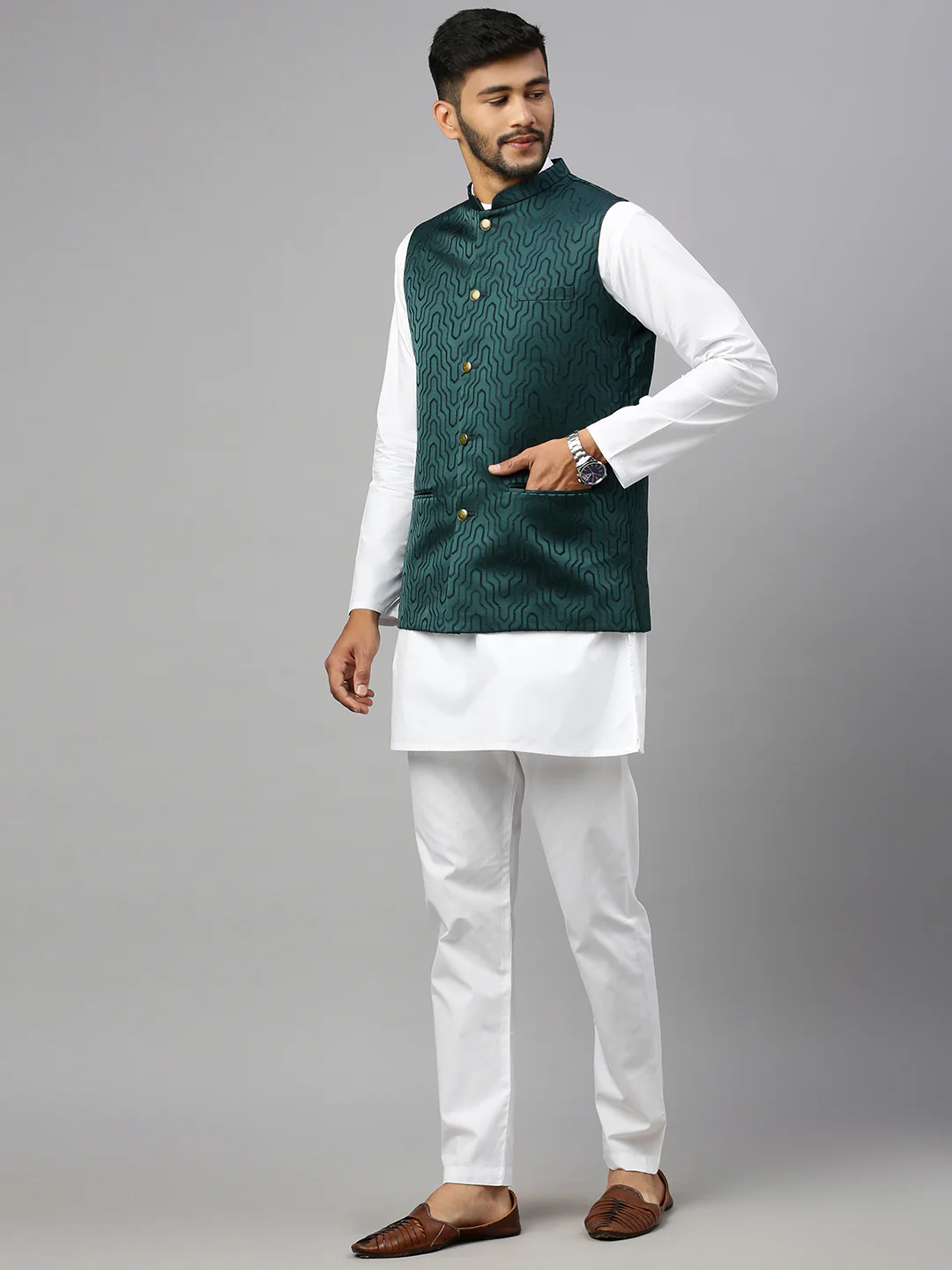 Men Printed Ethnic Jacket Dark Green JC5 - Image 3