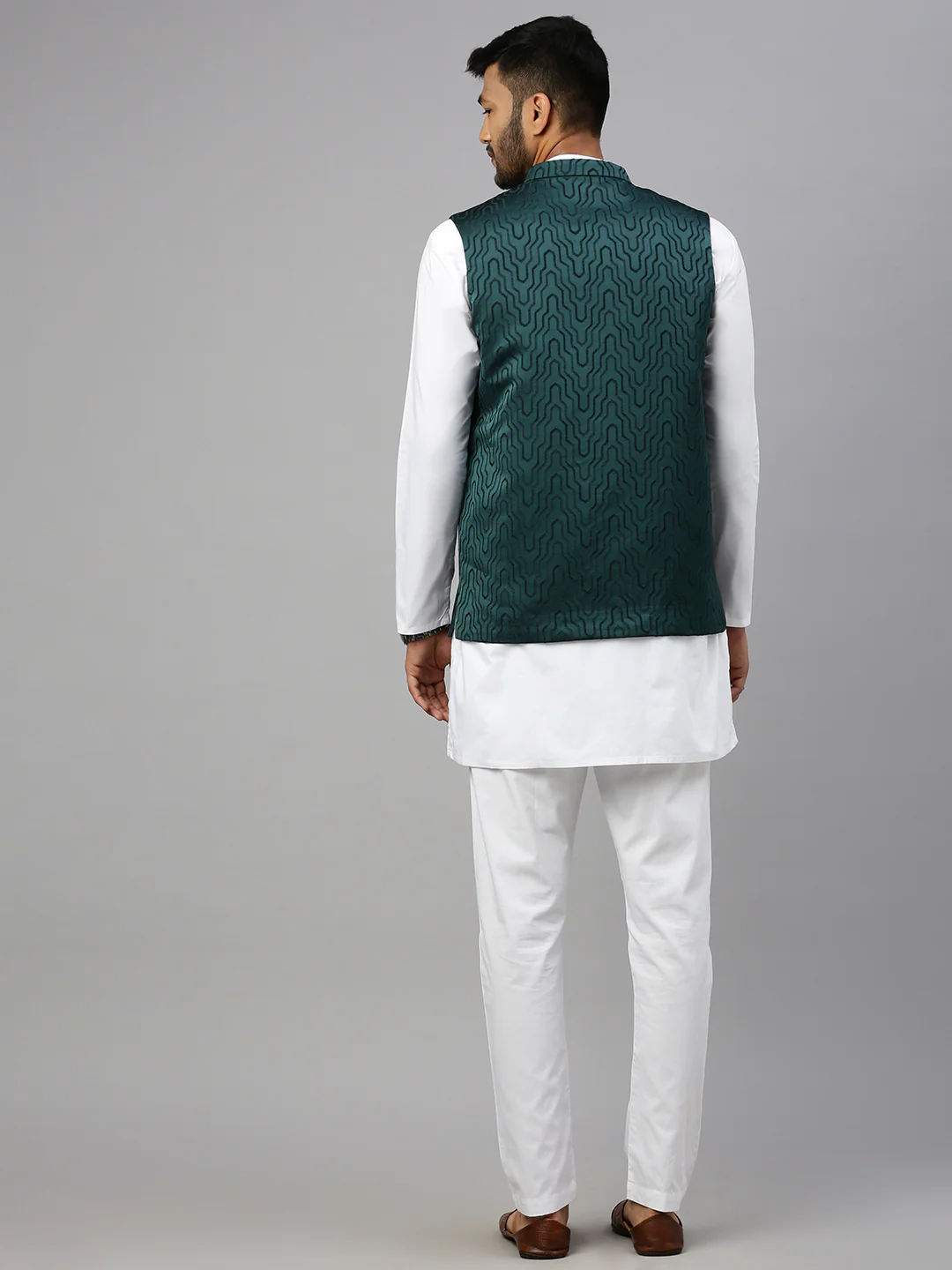 Men Printed Ethnic Jacket Dark Green JC5 - Image 4