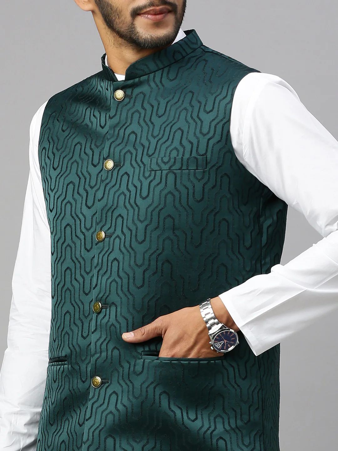 Men Printed Ethnic Jacket Dark Green JC5 - Image 5