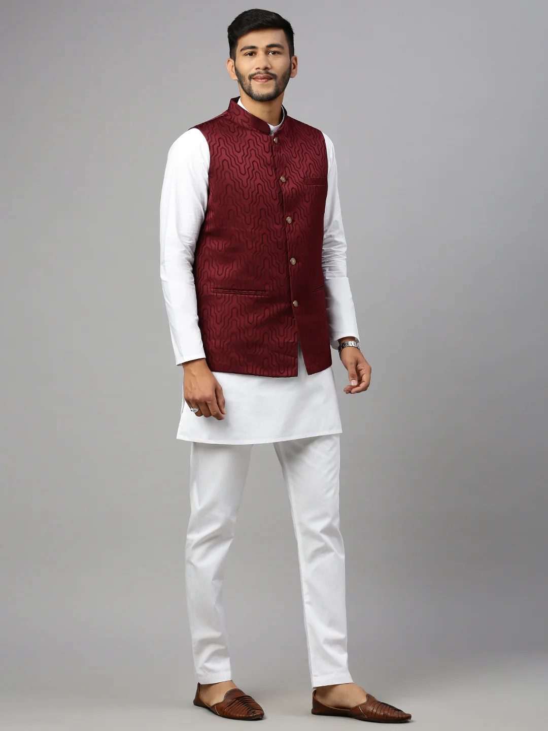 Men Printed Ethnic Jacket Dark Red JC4 - Image 2