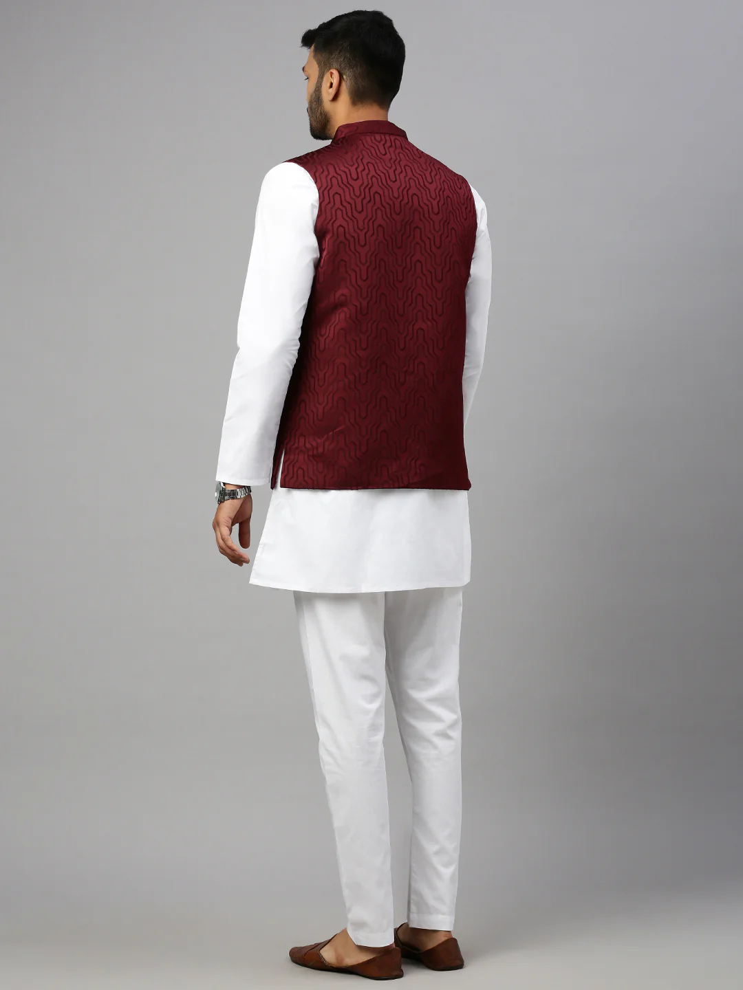 Men Printed Ethnic Jacket Dark Red JC4 - Image 3