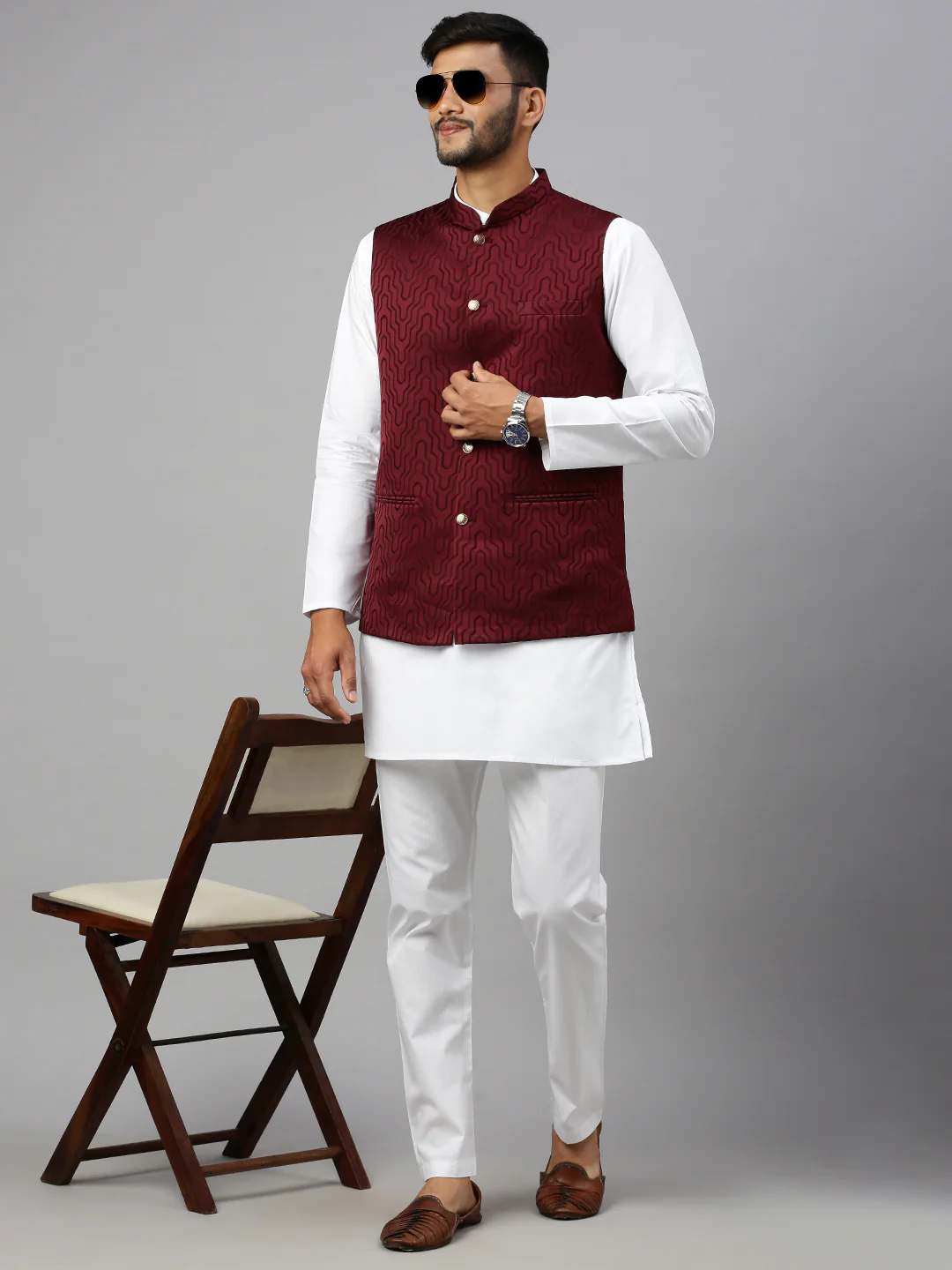 Men Printed Ethnic Jacket Dark Red JC4 - Image 4
