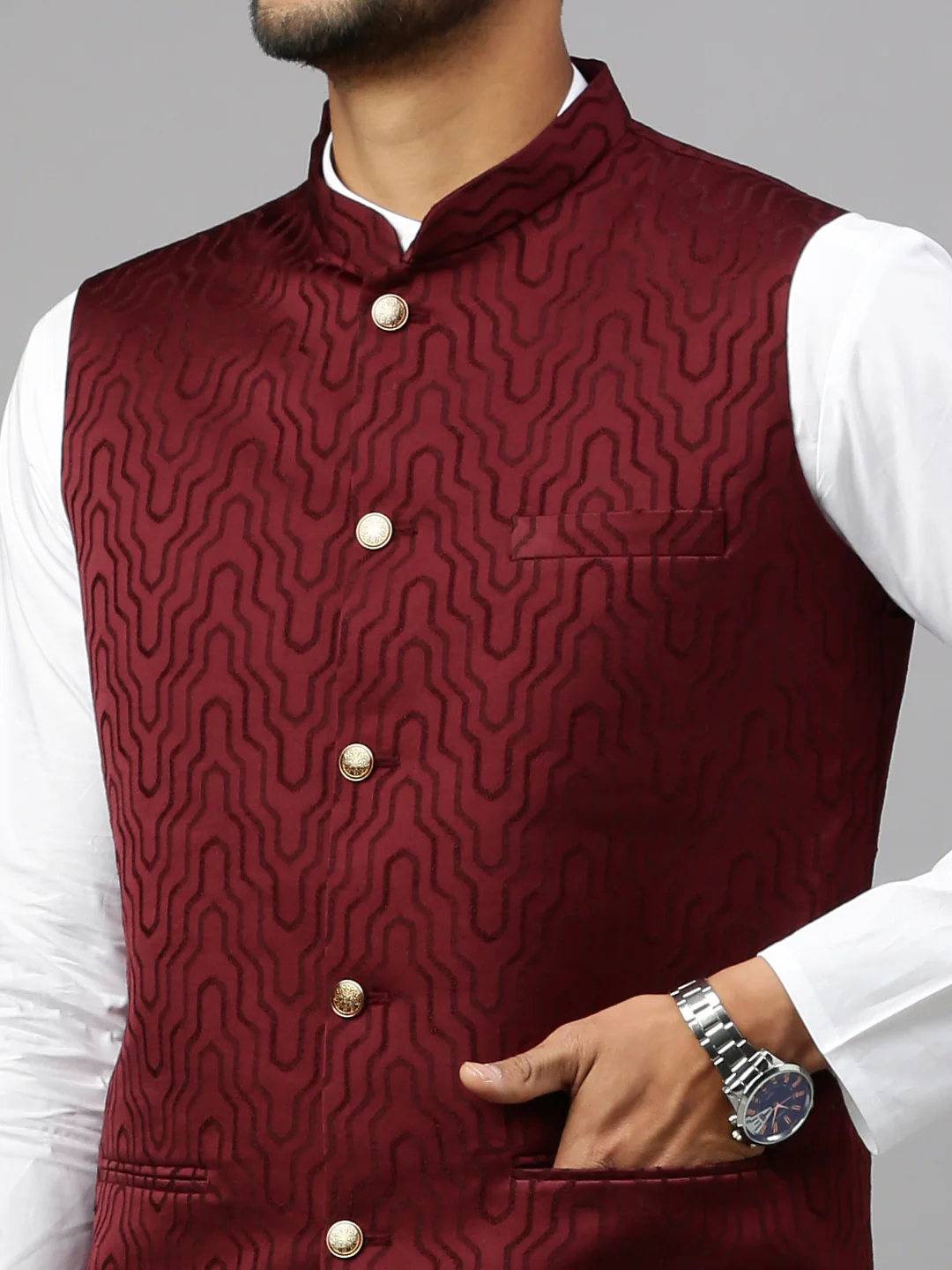 Men Printed Ethnic Jacket Dark Red JC4 - Image 5