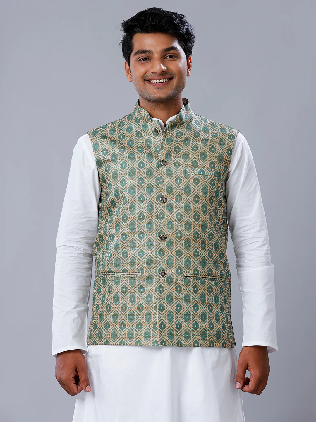 Men Printed Ethnic Jacket Green & Sandal JC3