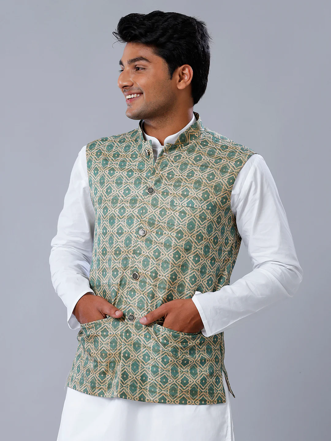 Men Printed Ethnic Jacket Green & Sandal JC3 - Image 2