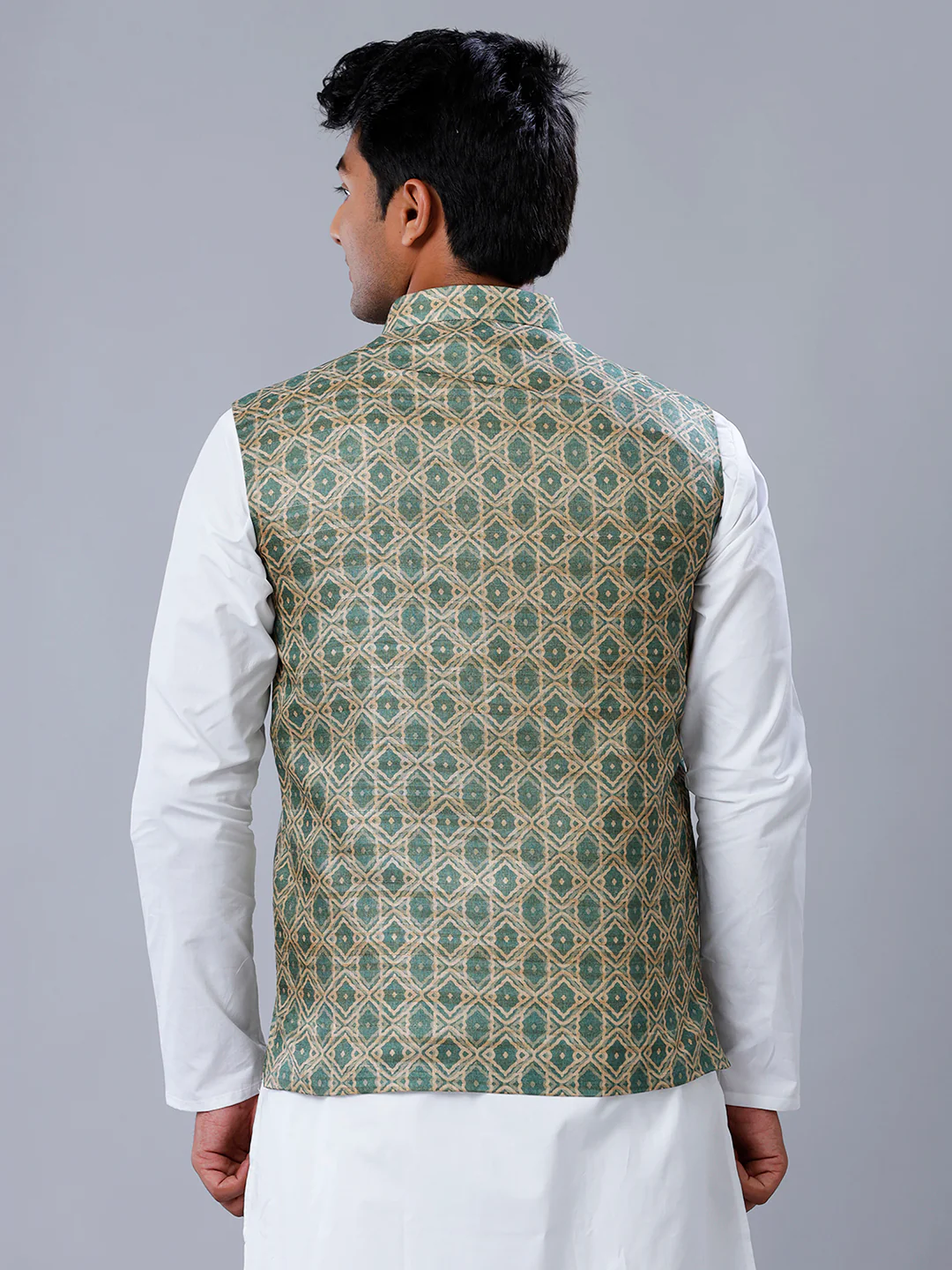 Men Printed Ethnic Jacket Green & Sandal JC3 - Image 3