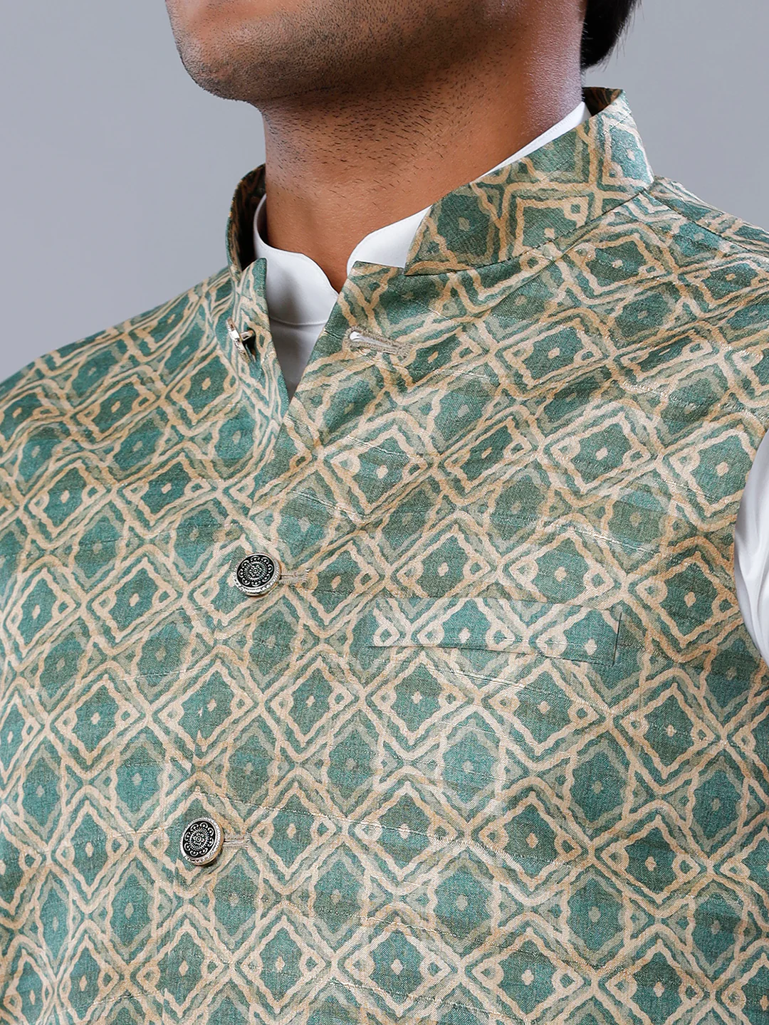 Men Printed Ethnic Jacket Green & Sandal JC3 - Image 4