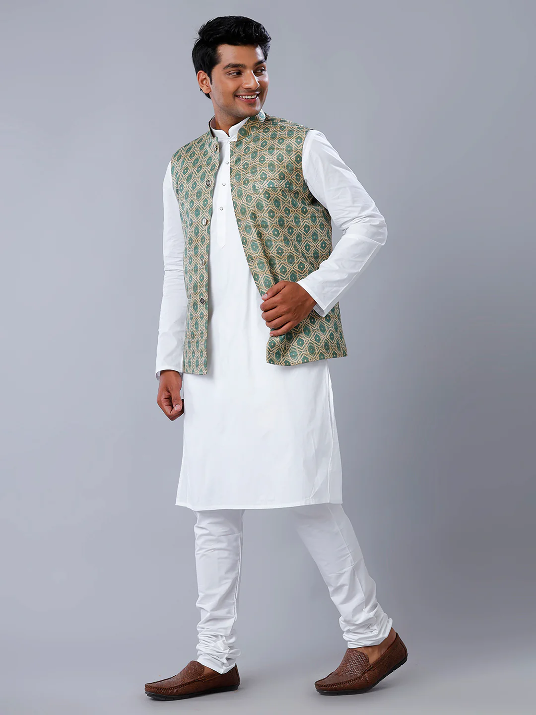 Men Printed Ethnic Jacket Green & Sandal JC3 - Image 5