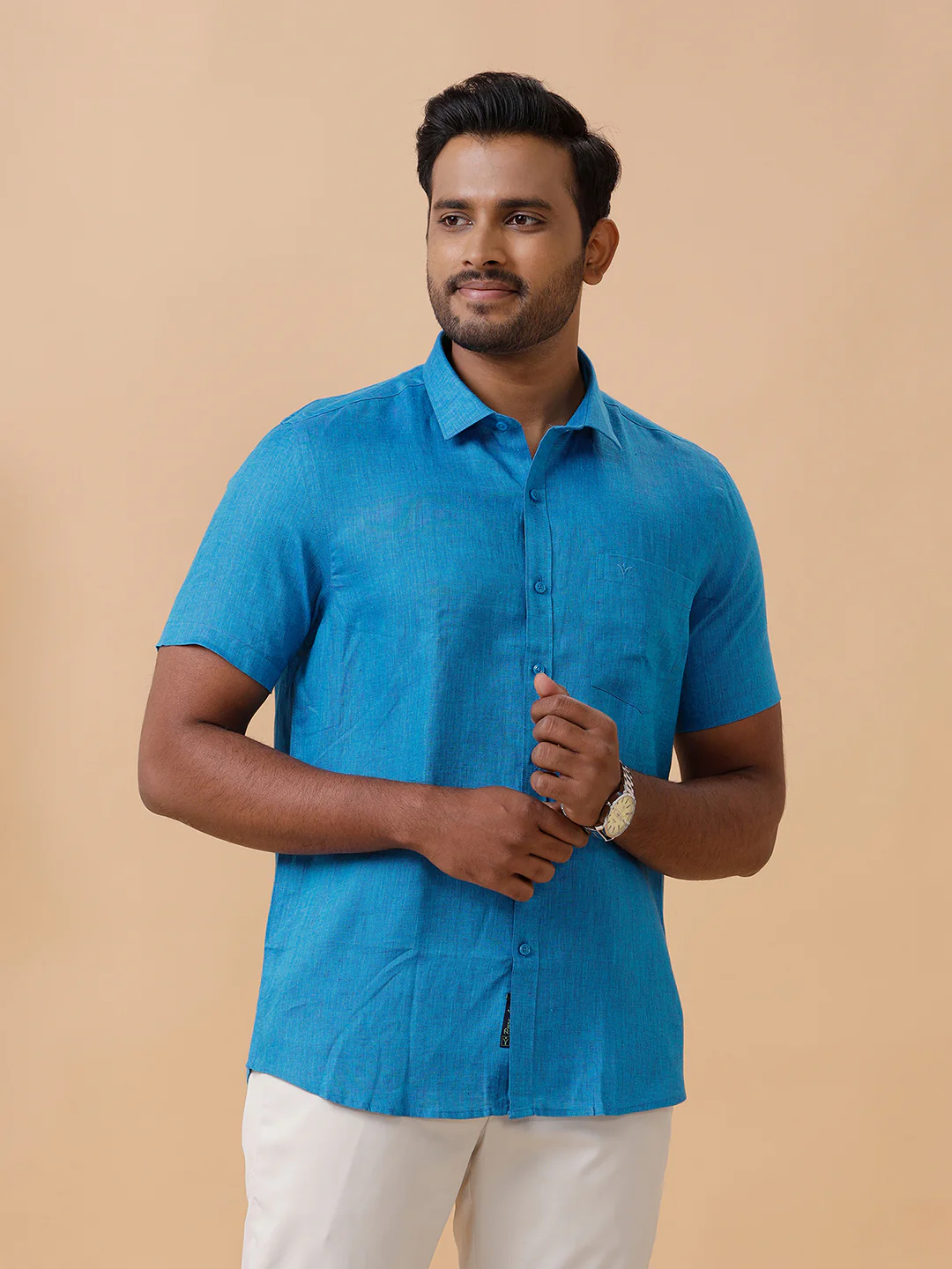 Men Pure Linen Blue Shirt L67 - Image 2