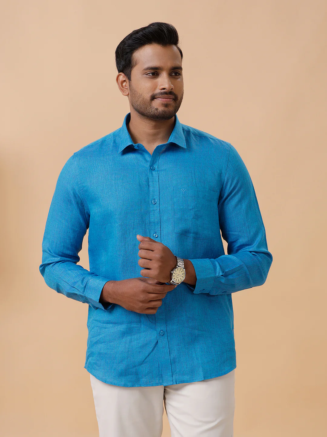 Men Pure Linen Blue Shirt L67 - Image 3