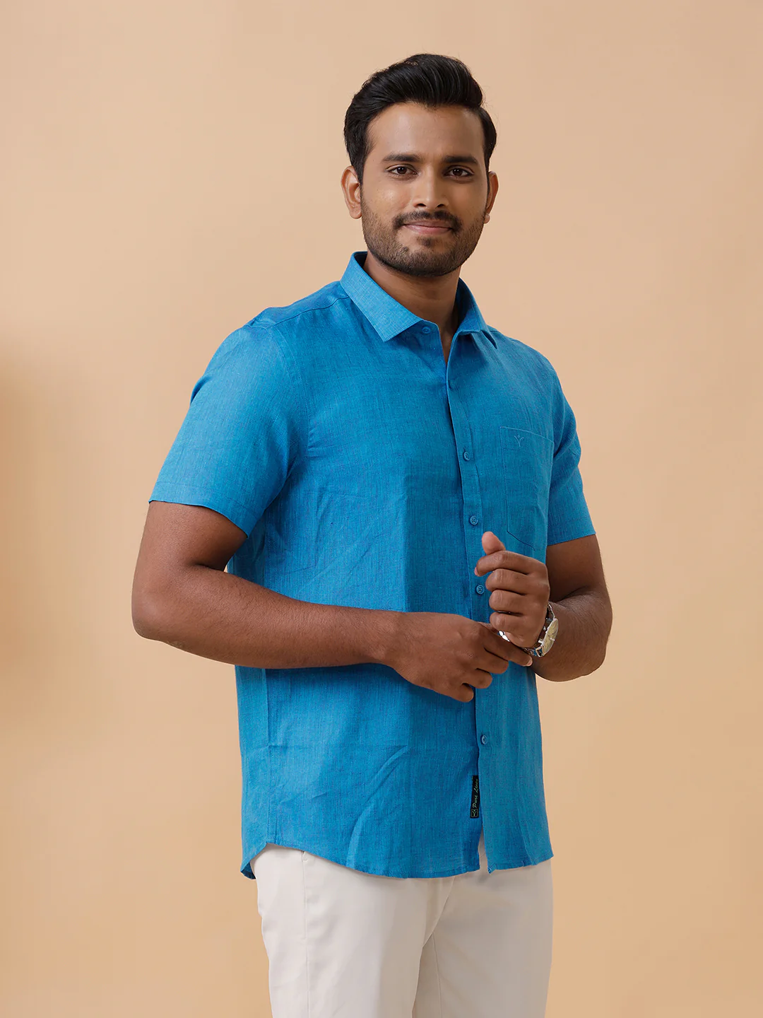 Men Pure Linen Blue Shirt L67 - Image 4
