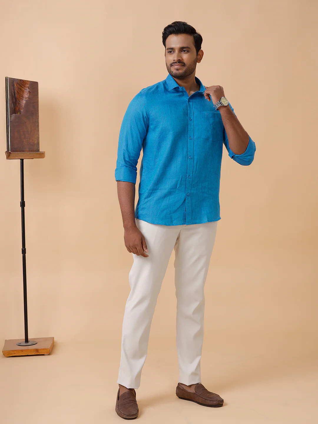 Men Pure Linen Blue Shirt L67 - Image 6