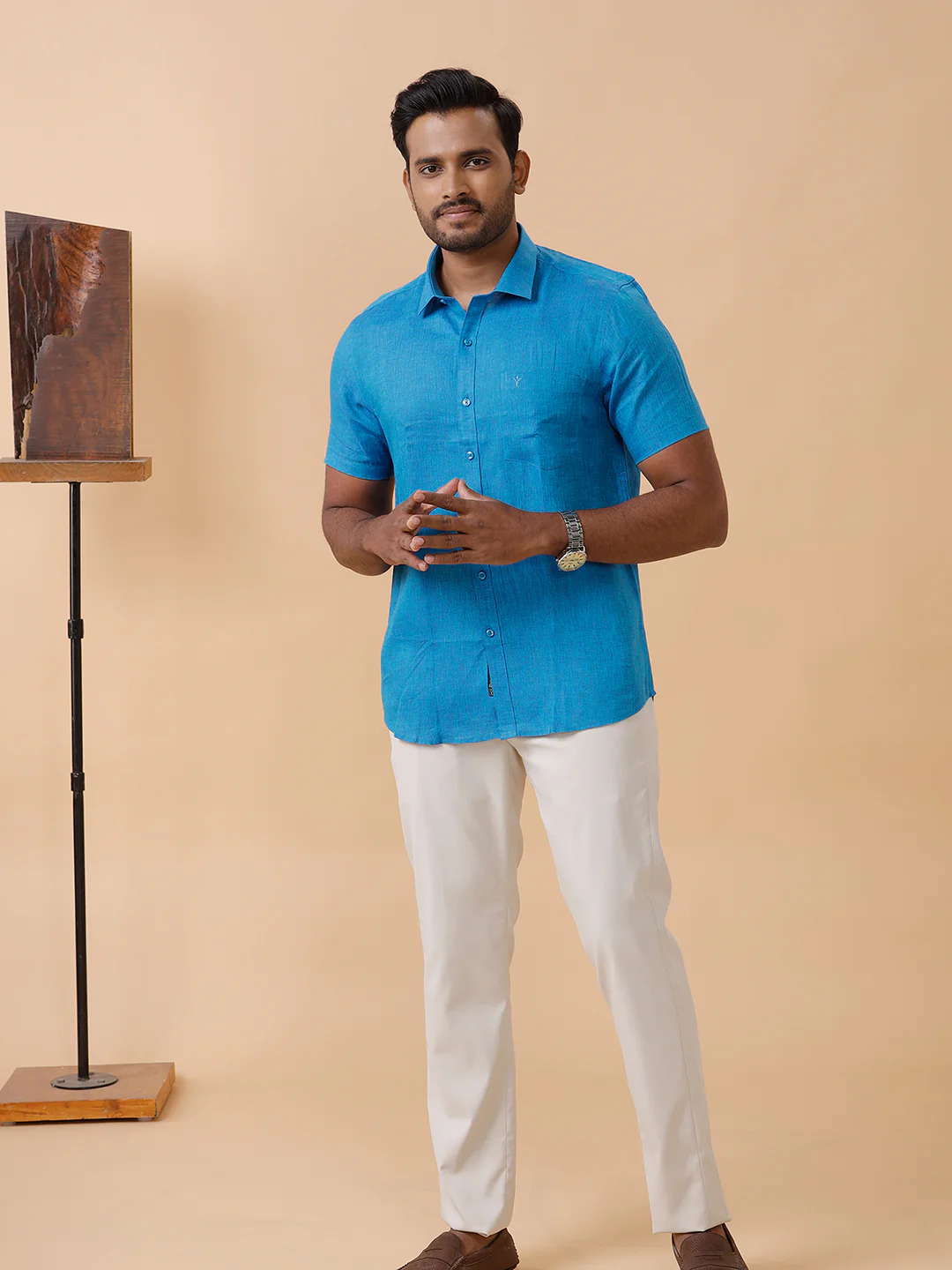 Men Pure Linen Blue Shirt L67 - Image 8