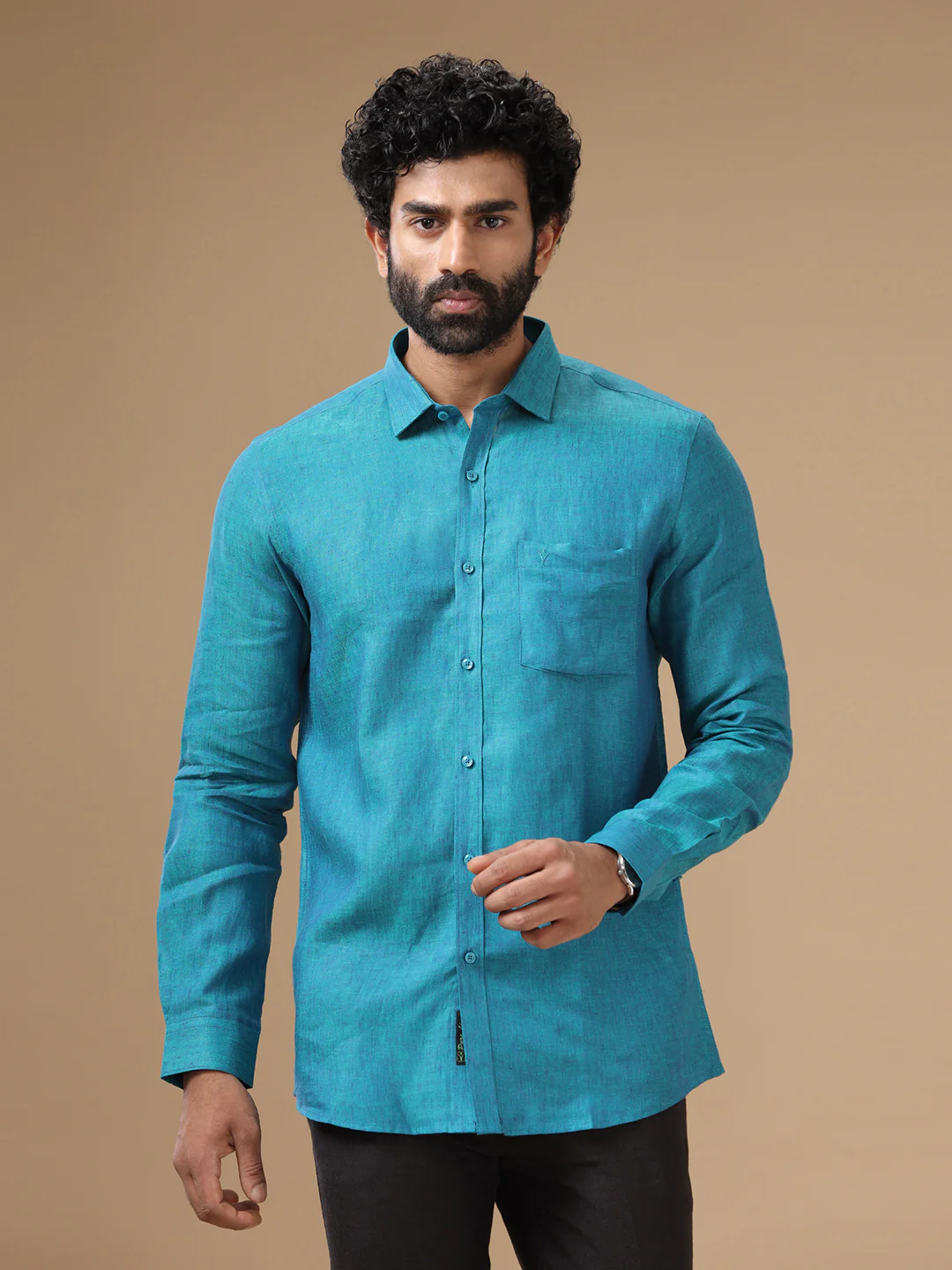 Men Pure Linen Blue Shirt L70 - Image 3