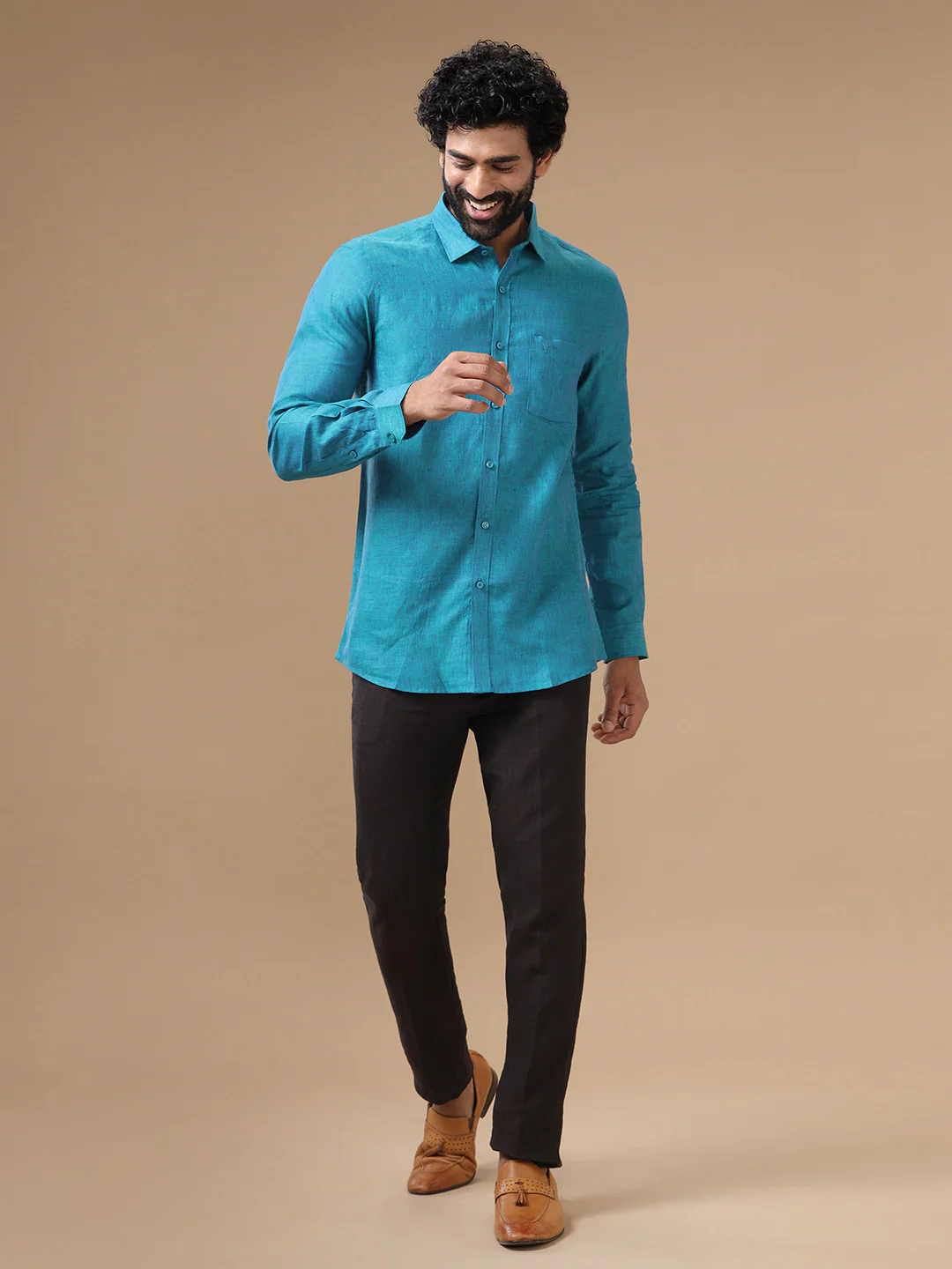 Men Pure Linen Blue Shirt L70 - Image 5