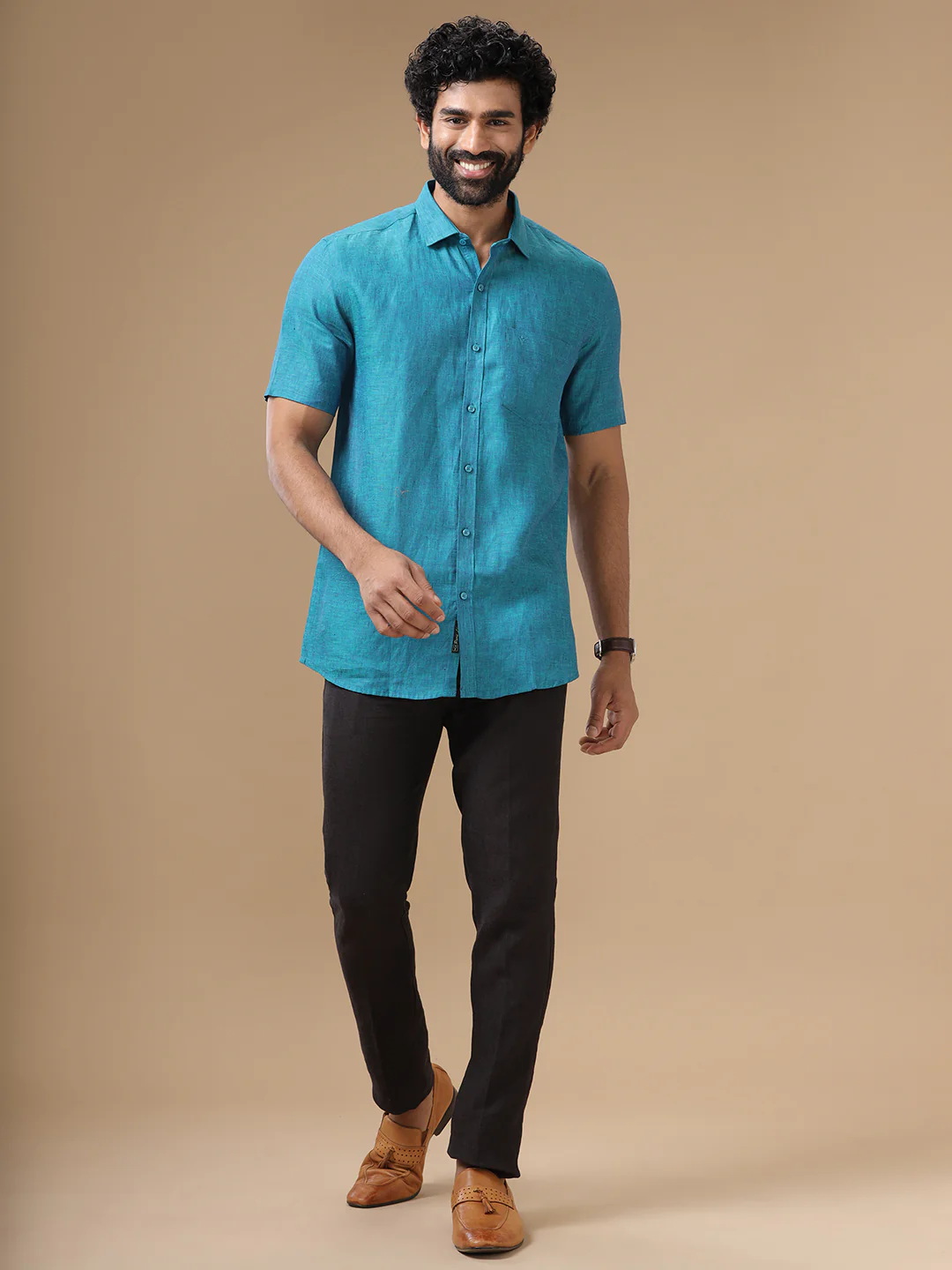 Men Pure Linen Blue Shirt L70 - Image 6