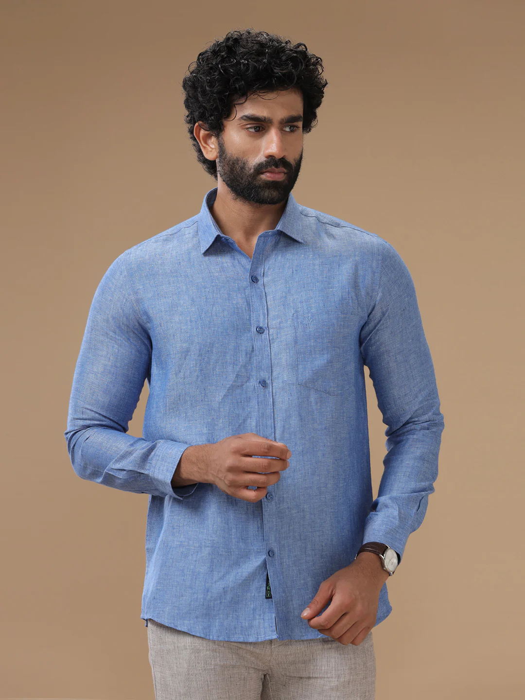 Men Pure Linen Blue Shirt L82 - Image 4