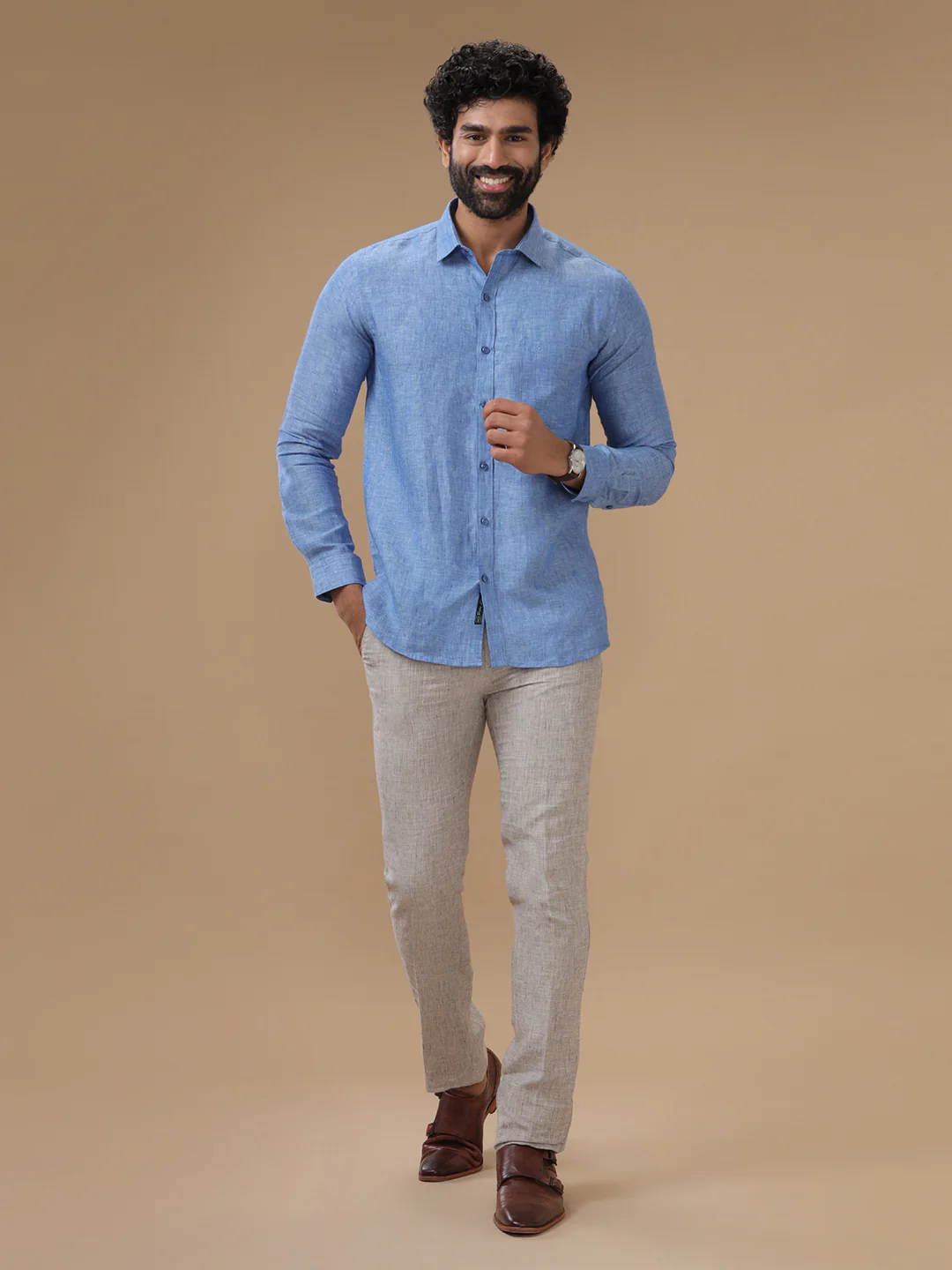 Men Pure Linen Blue Shirt L82 - Image 6