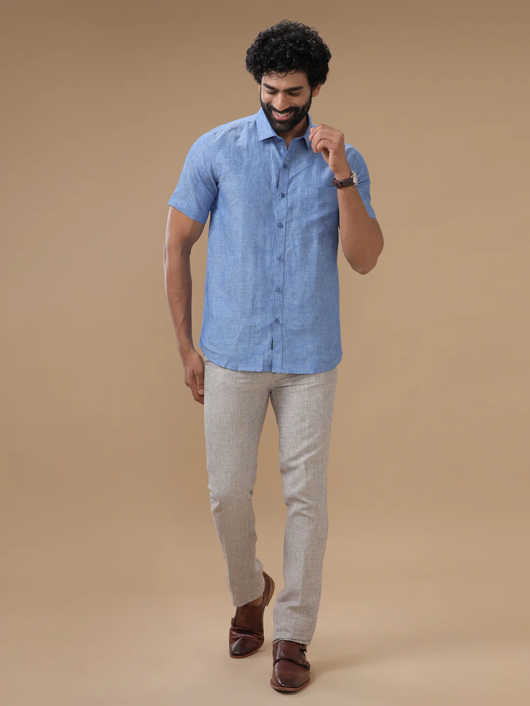 Men Pure Linen Blue Shirt L82 - Image 7