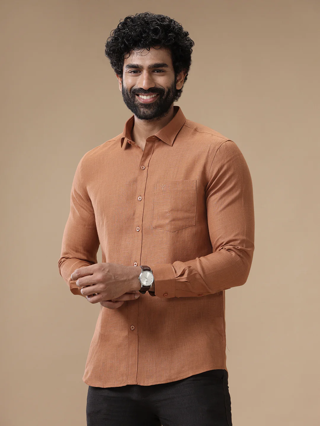 Men Pure Linen Brown Shirt L115
