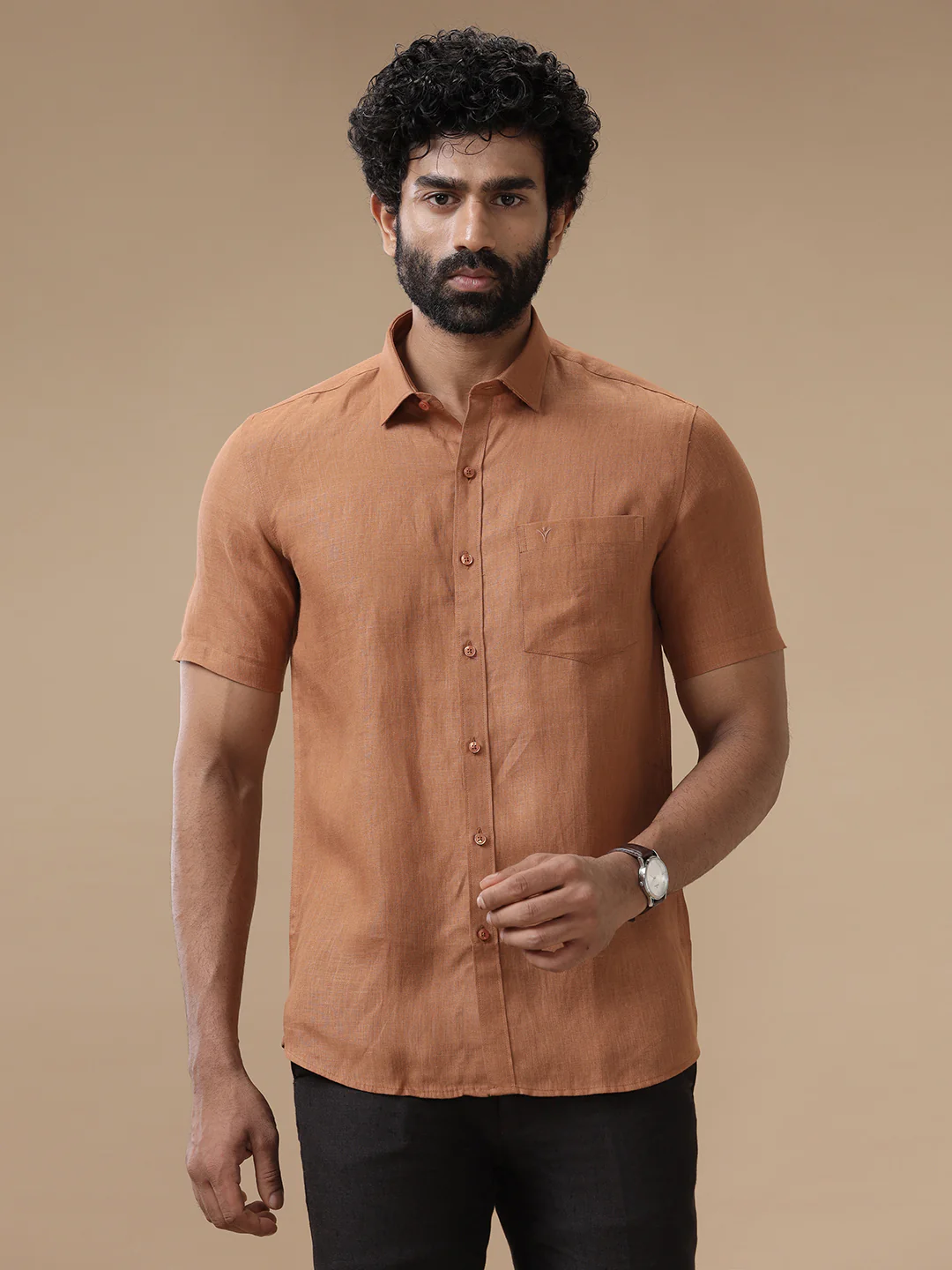 Men Pure Linen Brown Shirt L115 - Image 2