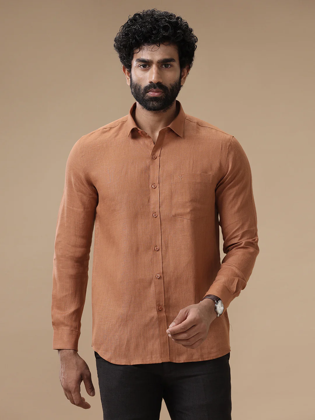 Men Pure Linen Brown Shirt L115 - Image 3