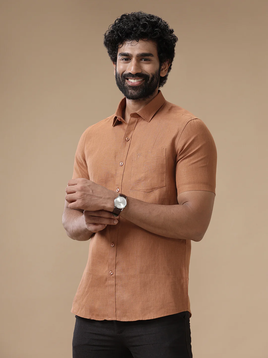 Men Pure Linen Brown Shirt L115 - Image 4