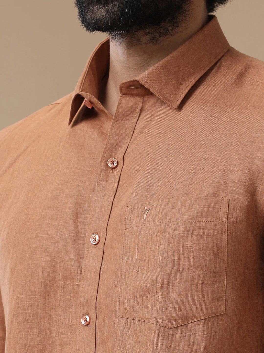 Men Pure Linen Brown Shirt L115 - Image 5