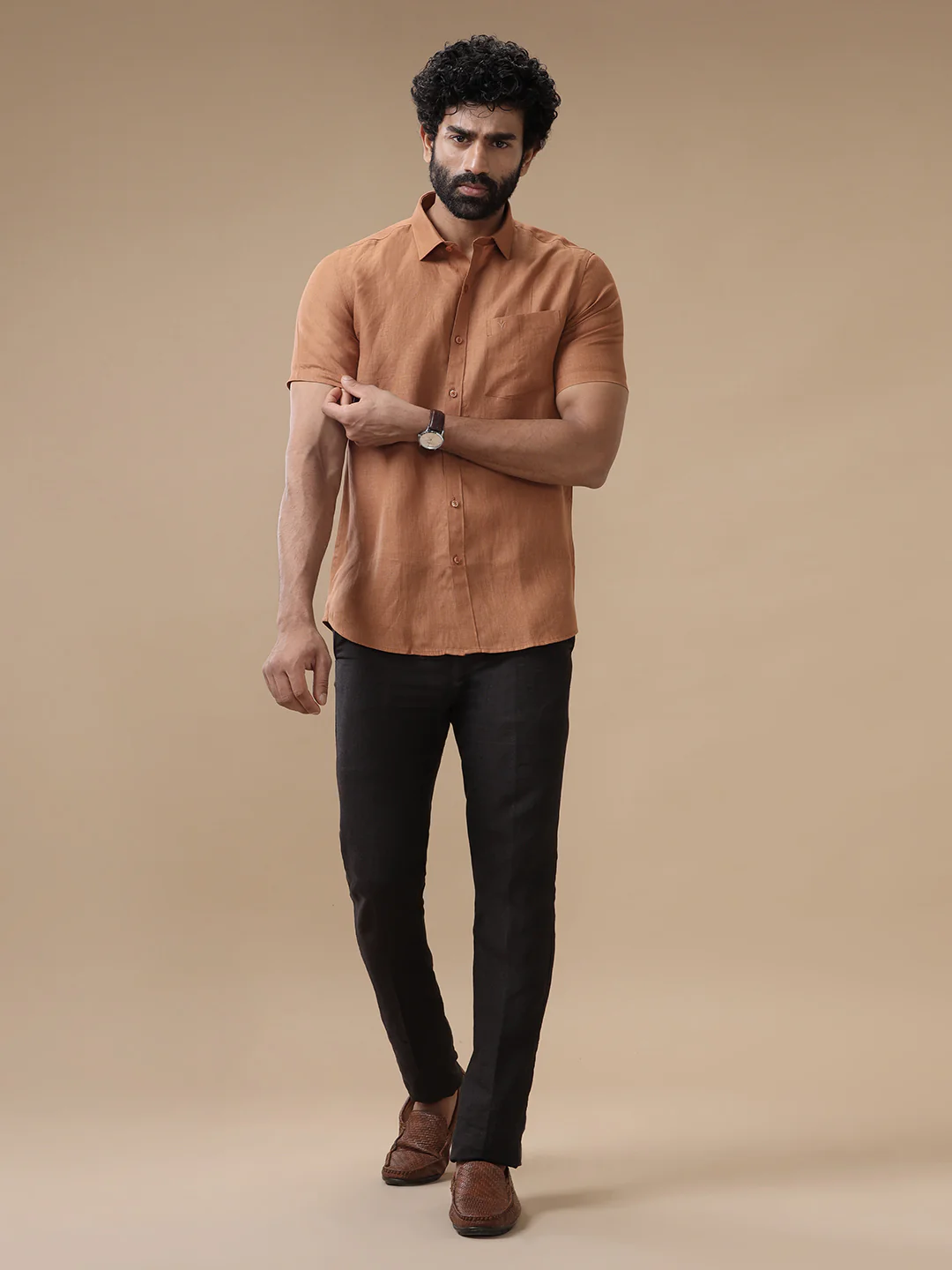 Men Pure Linen Brown Shirt L115 - Image 6
