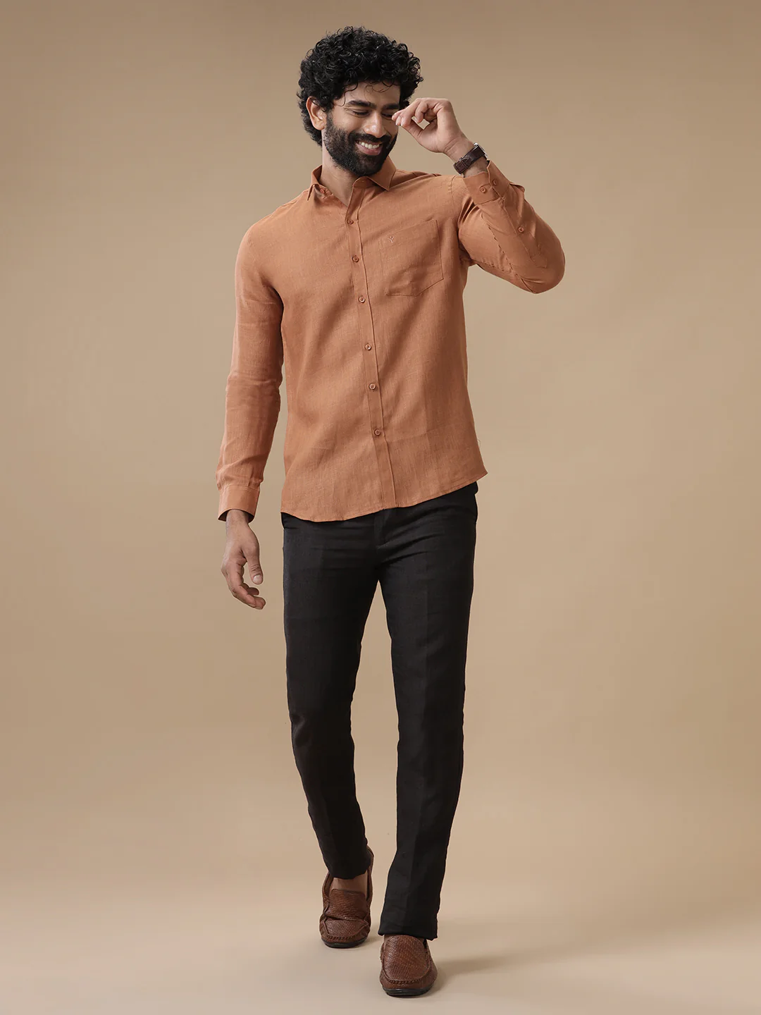 Men Pure Linen Brown Shirt L115 - Image 7
