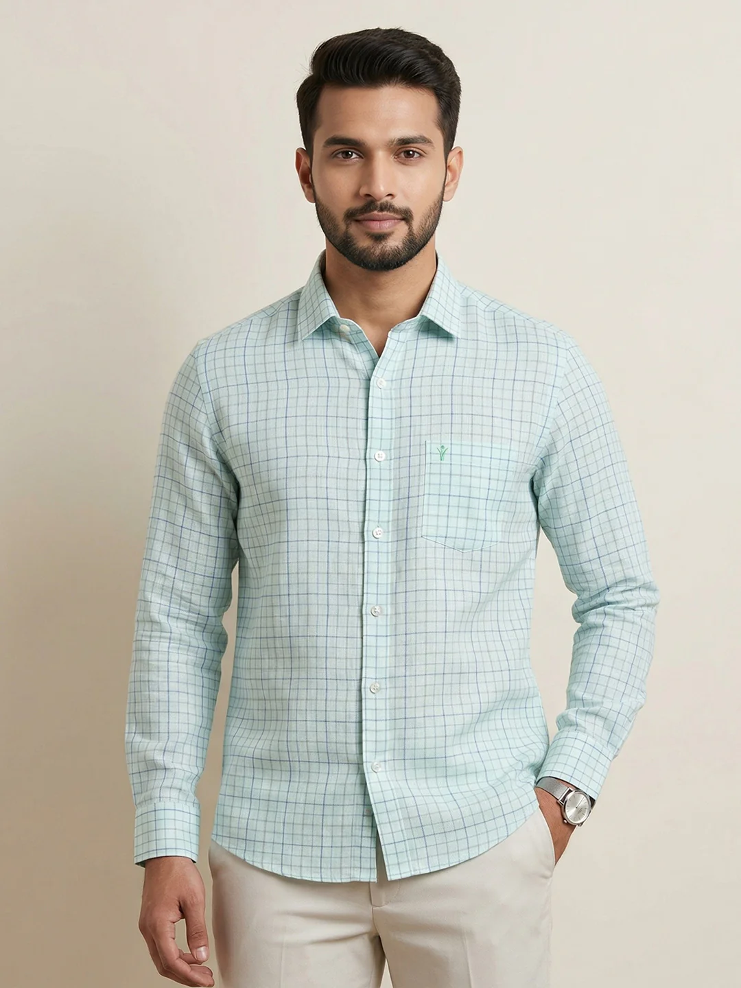 Men Pure Linen Checked Shirt Blue LS147