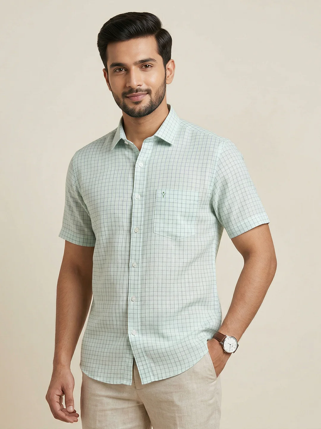 Men Pure Linen Checked Shirt Blue LS147 - Image 2