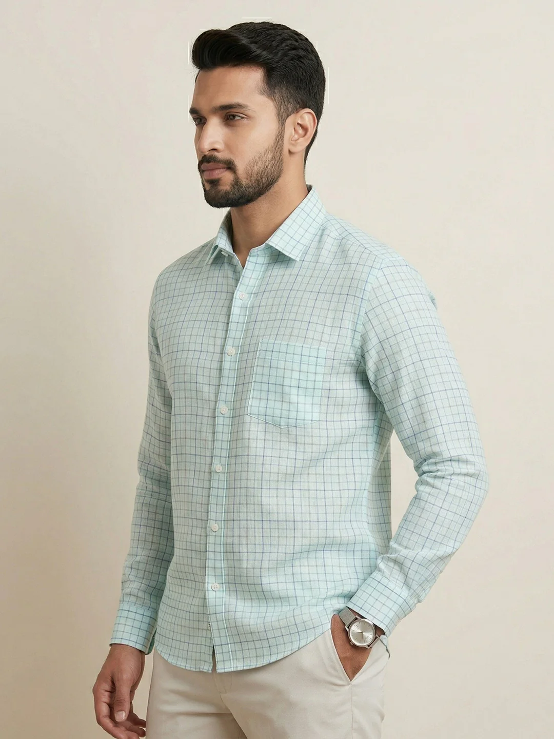 Men Pure Linen Checked Shirt Blue LS147 - Image 3