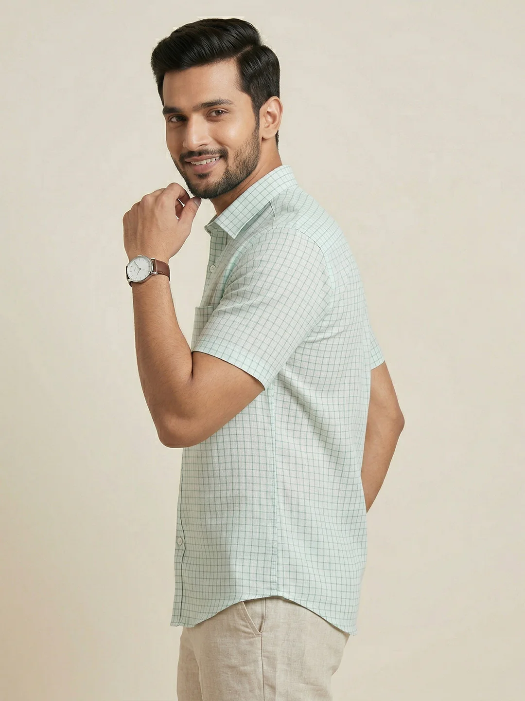 Men Pure Linen Checked Shirt Blue LS147 - Image 4