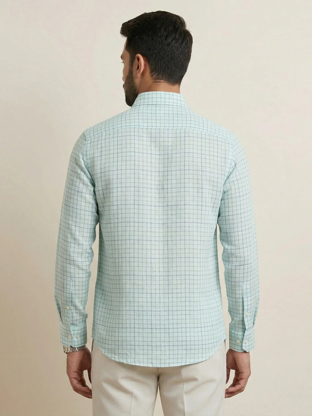 Men Pure Linen Checked Shirt Blue LS147 - Image 5