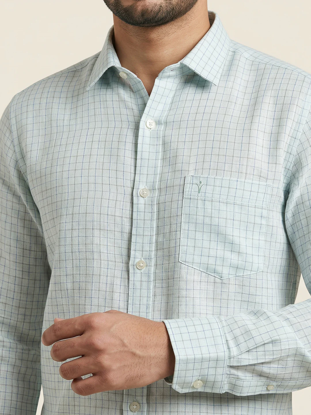 Men Pure Linen Checked Shirt Blue LS147 - Image 6