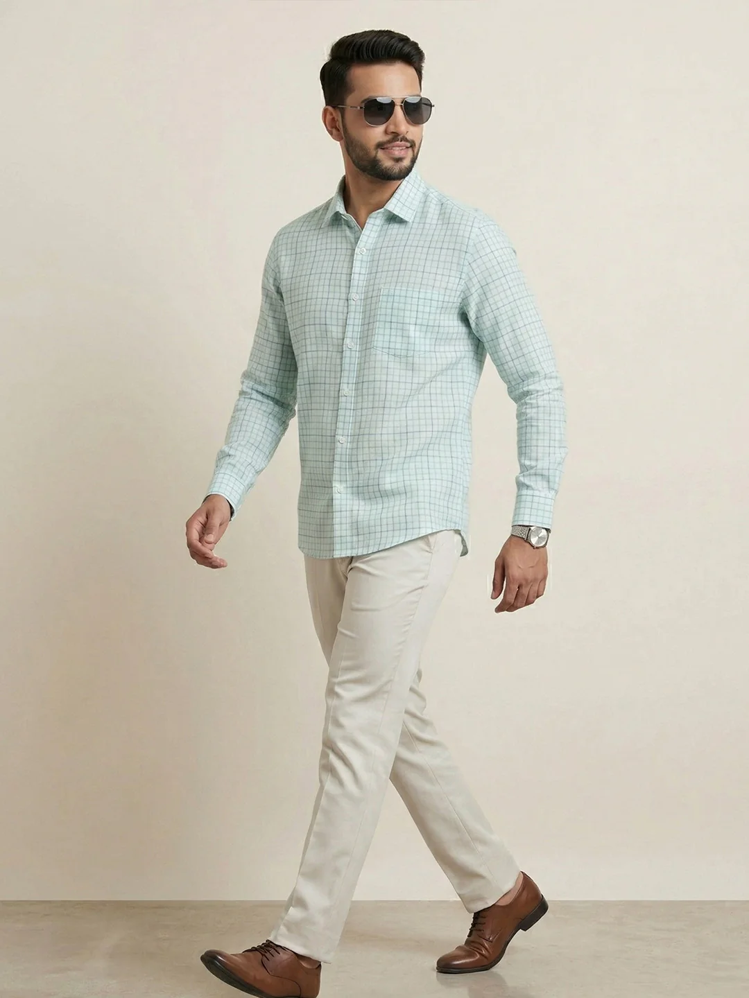 Men Pure Linen Checked Shirt Blue LS147 - Image 7